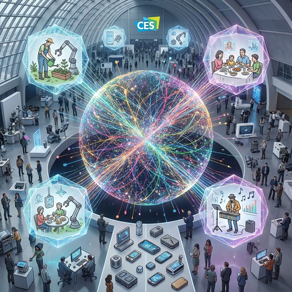 Forestil dig et dramatisk og fascinerende luftfoto taget med bred vinkel, der viser en stor, futuristisk messehal fyldt med kaos og kreativitet ved CES 2026. I midten står en stor, abstrakt installation, der symboliserer teknologiens kompleksitet: en massiv, glitrende kugle af farverige forbindelser og datastrømme, der skærer gennem hallen som en levende neuronetstruktur. Rundt om kuglen flyder små, interaktive hologrammer—ligner små, flydende krystaller—som viser outrige gadgets og fantasifulde, men meningsfulde skitser af, hvordan teknologien påvirker hverdagen, uden at være cliche eller futuristisk sci-fi. Dette billede formidler en ægte hverdagsscene, hvor teknologi er inkorporeret i et kaotisk, levende miljø, hvor mennesker, udstyr og data smelter sammen i en organiseret kompleksitet. Det fanger også den absurde og surrealistiske stemning på messen: gadget-lignende objekter, der ligner tilfældigt spredte byggeklodser, men som alle symboliserer en større, mere reel tendens mod en skræmmende og fascinere