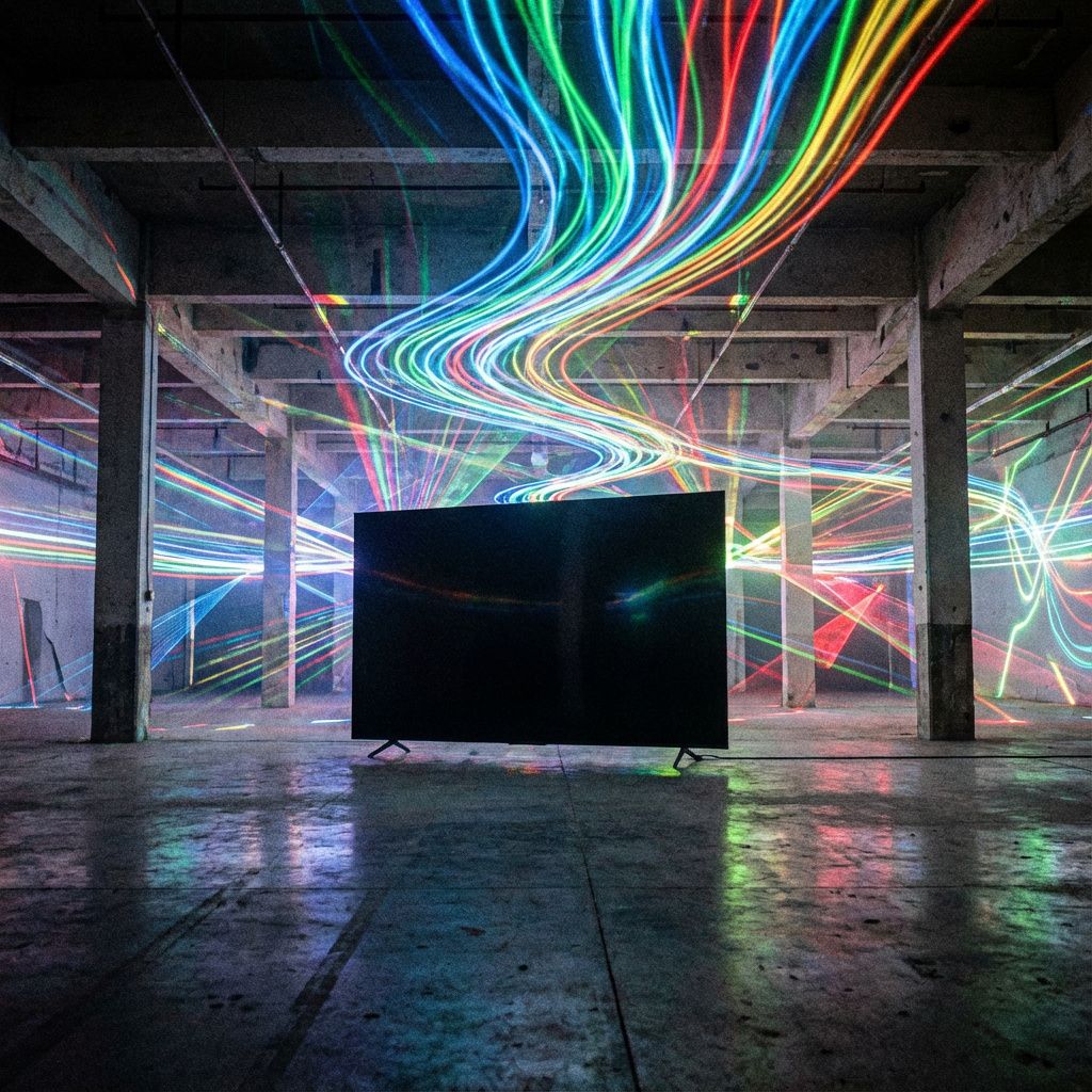 På billedet ser vi en markant abstrakt, dokumentaristisk repræsentation af den kaotiske og bizarre teknologi-festival, CES 2026, hvor den visuelle komposition fanger teknologiens absurde, men samtidig fascinerende natur. Midt i en menneskeforladt, industriel messehal står en stor, moderne skedit, illustrativt for den blanding af forvirring og innovation, der karakteriserer nutidens gadgets. Over skærmen svæver farverige, flydende lysstrømme, der symboliserer data- og informationsstrømme, mens abstrakte mønstre af sensor- og laserlys reflekterer den konstante aktivitet af teknologisk eksperimentering og udvikling, men uden konkrete enheder eller mennesker i fokus. Atmosfæren antyder en intens koncentration af data og innovation, der flyder i en verden, hvor teknologi er blevet et visuelt, sanseligt og næsten pulsende system – en dokumentarisk illustration af den absurde intensitet i nutidens tech-miljøer.