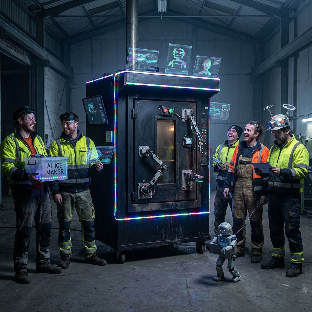 I det mest fængende og realistiske foto, der afspejler den absurde og groteske kreativitet på CES 2026, ser vi en forskruet scene, hvor en almindelig, gammel industriovn er placeret midt i et dystert, industrielt miljø. Ovnen er af moderne design med en sort, mat finish og er udstyret med blinkende LED-lys og små holografiske skærme, der projicerer farverige, flimrende datastrømme og kunstige animationer af AI-modeller. På ovnens låge er der titanlignende kreative elementer — robotarme, sensorer og små motorer — som symboliserer, hvordan teknologien er blevet en tvetydig blanding af det funktionelle og det absurde, en slags sort humoristisk kommentar til den overdrevne brug af gadgets. Rundt om står en gruppe uansvarlige, humoristiske karakterer iført arbejdsjakker og beskyttelsesbriller, der leger med en række af mærkelige gadgets — fra AI-animerede isterningemaskiner til robotlignende figurer — som symboliserer den kaotiske blanding af teknologi og underholdning. Billedets mørke, industrielle atmosfære ac