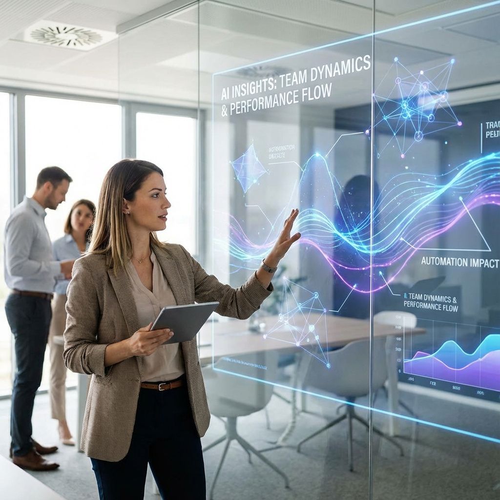 Det mest fængende og spændende foto, der kan visualisere artiklens kerne omkring AI’s indflydelse på arbejdsliv og ledelse, er et realistisk, dokumentaristisk billede af en moderne HR- eller ledelsesproces i en dialog med teknologien. Forestil dig en dynamisk situation, hvor en leder eller HR-medarbejder sidder med en tablet eller en mobil i hånden, mens en stor, transparent skærm i baggrunden viser en abstrakt, flydende visualisering af data, indsigter og netværksstrukturer, der symboliserer AI’s vurderinger og analyser. Et sådant billede kan fremhæve, hvordan teknologi integreres i de daglige processer uden at vise personer foran computeren – i stedet fokusere på de visuelle elementer, der illustrerer dataflyd, samarbejde med det menneskelige ledelse og automatiseringens rolle i moderne organisationsudvikling. Billedet skal udstråle realisme og professionalitet og vise hvordan AI er blevet en uundværlig, men usynlig partner i ledelses- og HR-arbejdet i nutidens samfund .