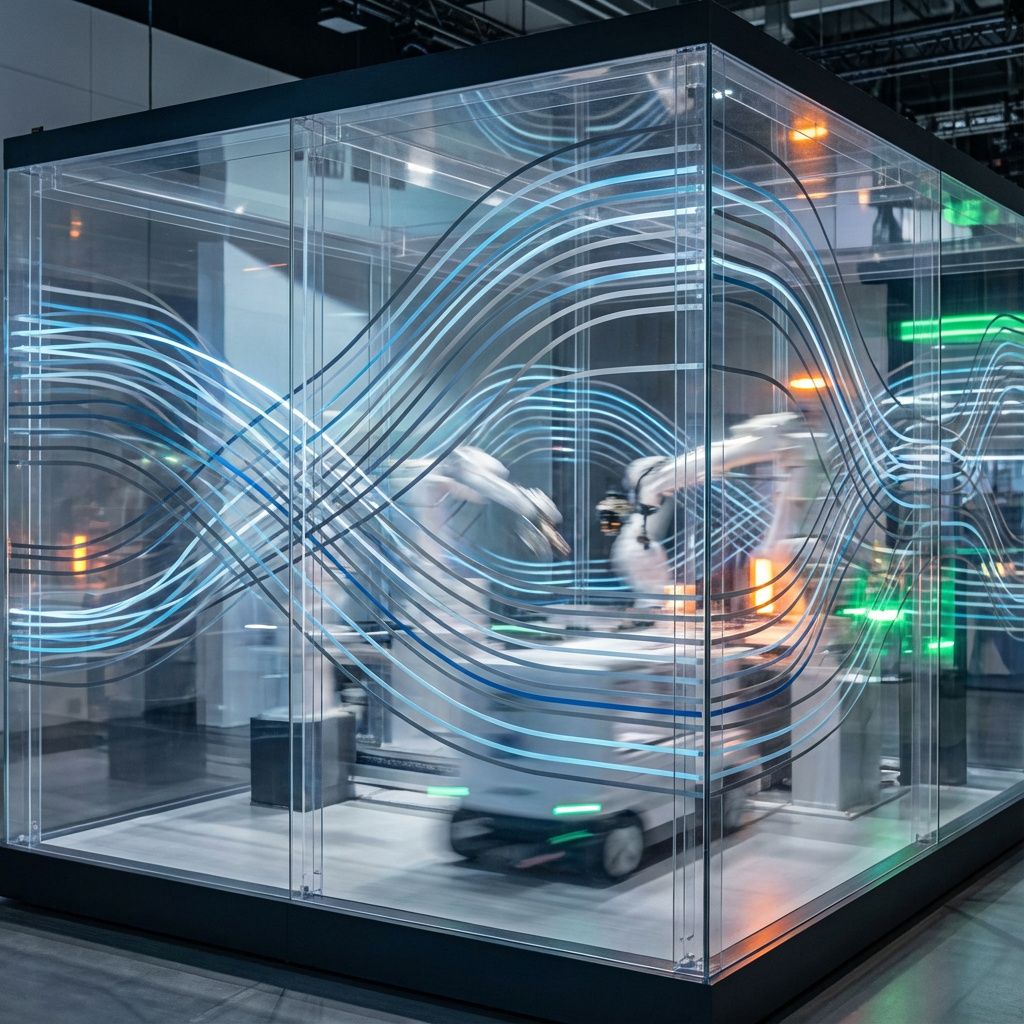 For at skabe et fængende, dokumentaristisk foto, der abstrakt repræsenterer integrationen af AI-robotter i industrielle miljøer, forestiller jeg mig et centralmotiv, hvor en stor glas- eller akrylstruktur symboliserer en fabrikshal eller logistikhub. Indersiden er fyldt med illustative, detaljerede visuelle elementer som netværk af lysende, kurvede linjer, der repræsenterer data- og perceptionsstrømme, samt svage, bevægelige former af robotarme og autonome transportkøretøjer, der arbejder uden menneskelige skikkelser. Billedet skal fremstå som et tinge-agtigt landskab af underbevidsthed over teknologiens dynamik, hvor overfladen er præget af subtile refleksioner og lette kontraster, hvilket skaber en følelse af aktiv, decentraliseret intelligens i et moderne miljø. Farvemæssigt bør billedet anvende kølige nuancer – blå, grå og sølv – kombineret med små, varme accenter af lysende orange og grøn, for at vise innovations- og sikkerhedsaspekterne. Dette indretter et realistisk, men stilistisk stærkt billede, de