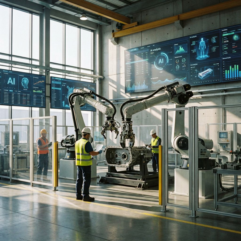 Mit mest fængende og realistiske billede, der afspejler den abstrakte effekt af teknologi i nutiden, vil være en dokumentarisk scene af en moderne fabrikshal, hvor innovative robotter arbejder side om side med mennesker. Billedet viser en stor, industriel produktionslinie, der er præget af subtile, men tydelige tegn på avanceret AI-integration: robotarme, der præcist håndterer tunge materialer, mens monitorer og digitale interfaces på væggene viser real-time data og præsentationer. Den naturlige belysning fra store vinduer, kombineret med skarpe skygger og reflekser fra mekaniske elementer, giver en realistisk og næsten filmisk stemning uden at overdrive, hvilket vækker en følelse af, at dette er fremtiden, der er blevet hverdag .