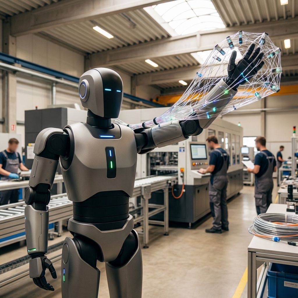 Forestil dig et fotografi taget i en moderne, industriel produktionshal, hvor dybden af feltet er stor nok til at fange både den detaljerede teknologi og det omkringliggende miljø. I forgrunden er en robuste, humanoid-agtig robot, der er formgivet med funktionelt og minimalistisk design, med glatte, matte overflader og subtile LED-lys, der indikerer dens aktive status. Robotten står i en position, der antyder forberedelse til at udføre en opgave, måske med en arm løftet eller i færd med at håndtere et gennemsigtigt, tætpakket netværk af kabler og sensorer, der symboliserer dens forbindelse til en cloud-baseret infrastruktur. Baggrunden er fyldt med andre industrielle elementer – store maskiner, transportbånd, og teknikere, der overvåger processen, men uden tydelige menneskelige ansigter. Lyset er diffust og naturligt, med bløde skygger, der understreger maskinernes tekstur og de robuste materialer, og en varm farvetone, der balancerer det teknologiske med det menneskelige aspekt. Focuset er på robotten, der