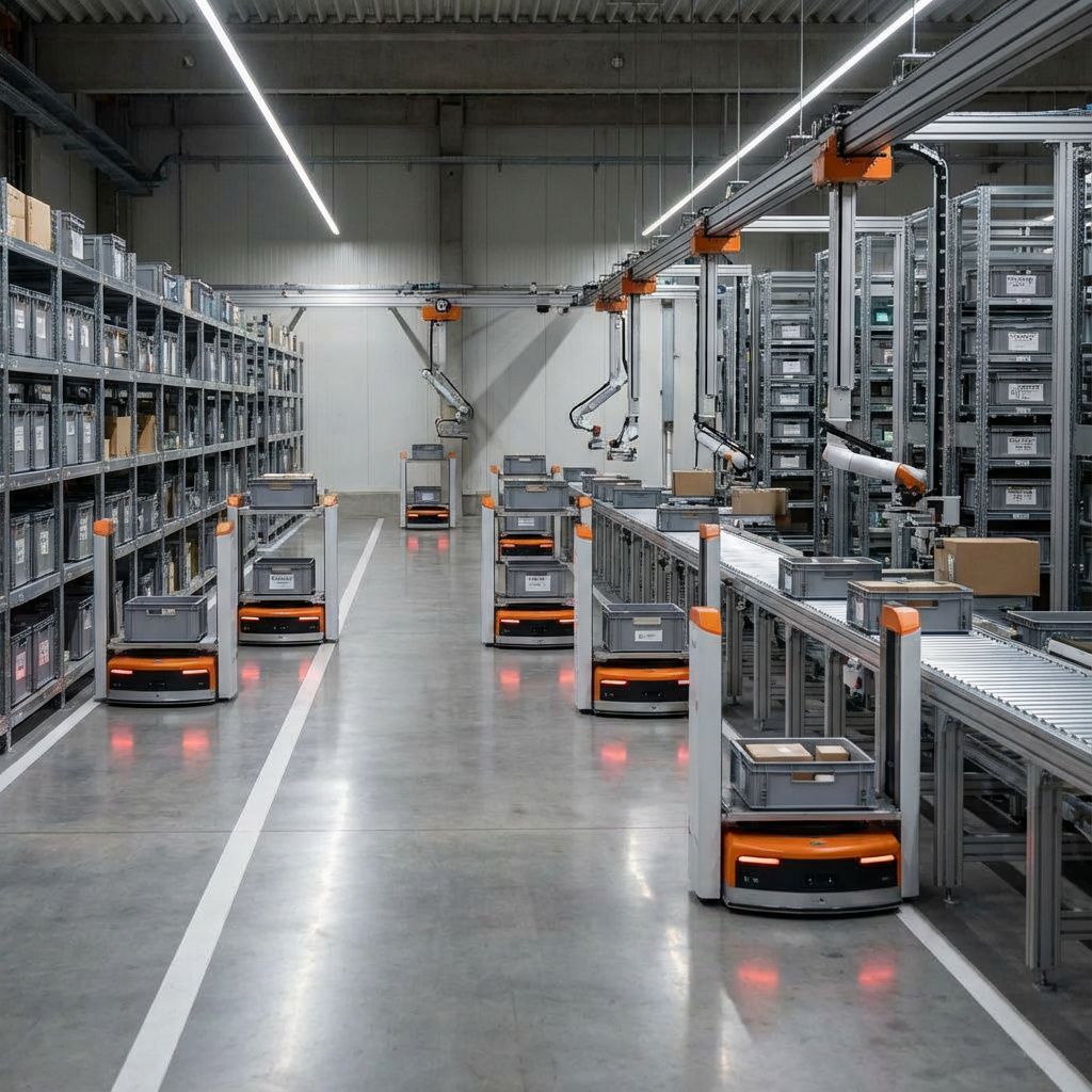 For det mest fængende og realistiske billede, der repræsenterer den aktuelle teknologiske udvikling i en dagligdagssituation uden at bruge mennesker, kan man tænke sig en dokumentarisk scene i et moderne, automatisk kontormiljø. Forestil dig en lang række robotter og maskiner, der bevæger sig i takt, forbundet gennem trådløse eller fysiske automationsystemer, som transporterer datafiler, pakker eller medicin. Disse robotter er ikke grotesk futuristiske, men har en naturlig, håndgribelig form, der afspejler en integreret del af det moderne liv, eksempelvis en robot med en minimalistisk, industriel design, der effektivt flytter genstande mellem forskellige sektioner i en fabrik, hospitalsgang eller lager: Billedet er realistisk, fokuserer på detaljerne i robotternes struktur og omgivelsernes funktionalitet—fx en reol med mærkede containere, et system af rullebaner, hvor robotter navigerer uden menneskelige tilstedeværelser, og præcise, bløde lysrefleksioner, der viser teknologiens pålidelighed og tilgængelighe
