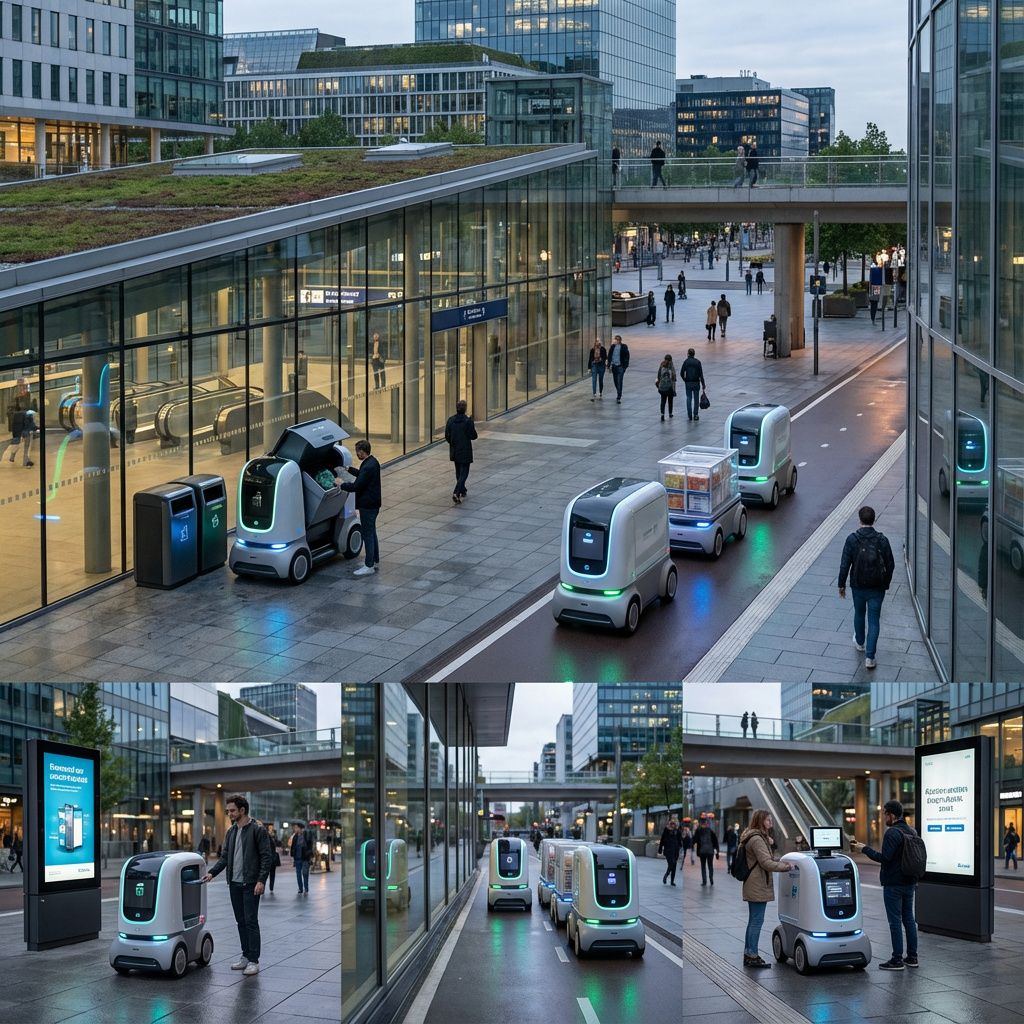 For at gøre dette dokumentaristiske og realistiske billede, tager jeg udgangspunkt i et moderne, urban miljø, hvor teknologien er fuldt integreret i hverdagen, men uden at fokusere på mennesker ved computere eller kontorindstillinger. Jeg forestiller mig en opstilling i en travl, innovativ bymidte, hvor flere små autonome robotter arbejder i harmoni med omgivelserne; nogle tømmer affald, andre transporterer varer eller assisterer med lette opgaver i offentlige rum. Billedet viser en bred panorama-aktig scene, hvor robotterne er centrale, men naturligt indpassede i en dagligdags situation, såsom en tanggængybning blandt by-udstillingsannoncer, parkeringsgarage eller en moderne station. Det abstrakte element er visualiseringen af AI’s håndgribelige magt gennem organisation og stilfuldt design: robotternes bløde linjer og LED-lys, der antyder intelligens, samt deres symmetriske bevægelser med en fin, teknisk præcision, hvilket formidler, hvordan AI nu flytter fysiske objekter og håndterer rutineopgaver i det