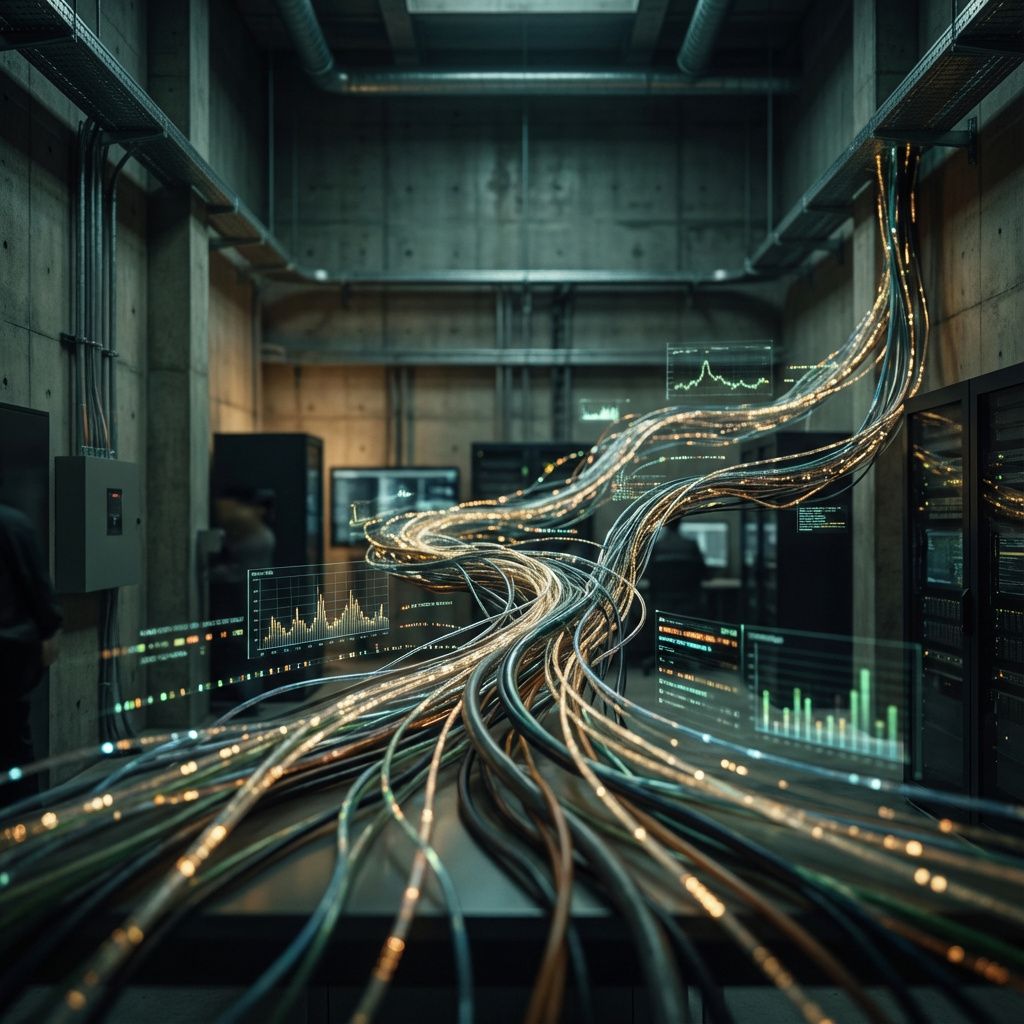 Det mest fængende og spændende billede, der er bygget op omkring abstrakte repræsentationer af emnerne i artiklen, kan forestilles som en visuel metafor for den komplekse og ofte usynlige verden af AI-systemer og deres konsekvenser. Forestil dig et fotografi taget i et moderne, nøgternt miljø – fx en tom, industriel kraftcentral eller et storskala overvågningsrum – hvor flimrende linjer af lys, dataflydende grafer og netværk af kabler og LED-retningslys skaber en pulserende, næsten organisk struktur. Gennem brug af fokus, dybdeskarphed og jordnære farvetoner fremhæves den usynlige strøm af data, som symboliserer AI’ens beslutningsprocesser, uden at personerne er i fokus. Billedet fanger en normativ og realistisk virkelighed uden at blive cliché ved at visualisere systemets indre – data som en flydende, usynlig kraft, som påvirker virkeligheden i skyggesiderne. På den måde illustrerer billedet, hvordan moderne teknologi, ofte skjult for brugerne, er nærværende og allestedsnærværende, men også potentielt farl