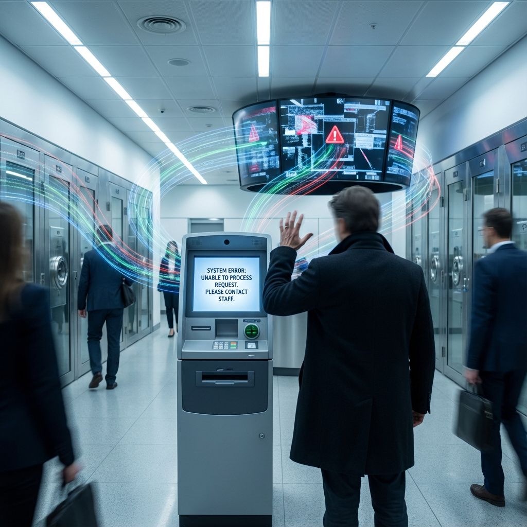Det mest fængende og realistiske billede til artiklens sidste tredjedel bør afspejle den konkrete virkeligheds effekt af automatisering og AI-fejl i en nutidig bank- eller finanssituation. Forestil dig en travl, anonymistisk bankhal med kolde, sterilt oplyste interiører og moderne bankbokse. Midten af billedet domineres af en tom, digital automatiseret tjenestekiosk, hvor en skærm viser en fejlmeddelelse, og en person i baggrunden står frustreret, med hånden rystende mod skærmen, uden at vise ansigtet. Det kan være en anonym bankkunde, der forsøger at logge ind uden succes, omgivet af en abstrakt, symbolsk data-visualisering — eksempelvis flydende, usynlige datastreams, der trækker mod en stor, roterende skærm i baggrunden, hvor komplekse, farvede grafikker symboliserer fejl og usikkerhed i AI-systemer. Dette billede, der kombinerer det konkrete med det symbolske, illustrerer præcist de problemstillinger, artiklen fremhæver: Tillidbrud, systemfejl, og det menneskelige element, der står tilbage uden ansvar. B