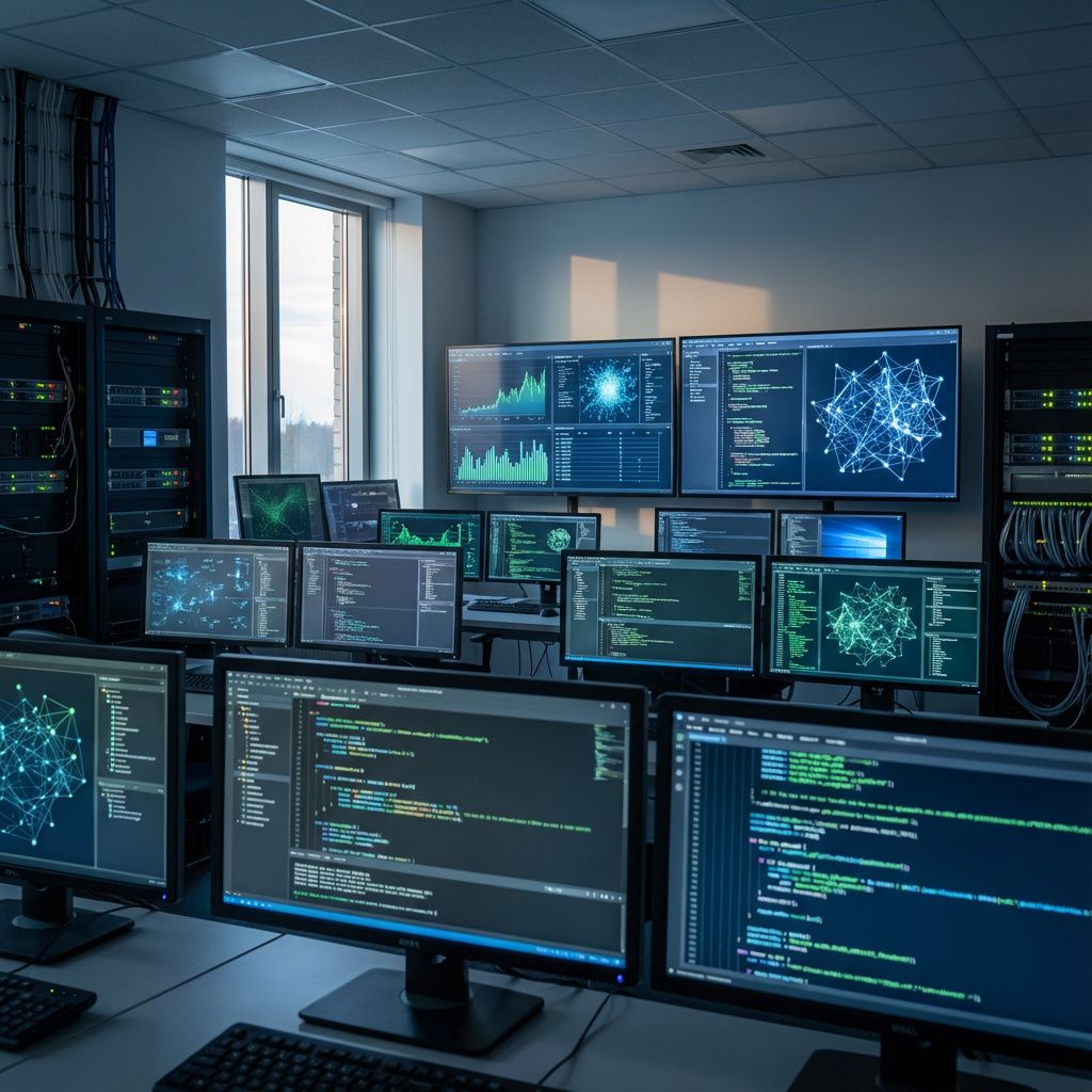 Det mest fængende og realistiske billede, der kan illustrere det centrale emne i artiklen, er en dokumentarisk optagelse af en moderne udviklingslaboratorie- eller produktionsmiljø, hvor den abstrakte teknologi møder den daglige drift. Billedet kan vise et roligt, men intenst arbejdsmiljø med en lang række skærme, der viser datastrømme, grafikker og kode—alle uden menneskelige figurer—der symboliserer automatiserings- og udviklingsprocesser. Den visuelle komposition fremhæver en kombination af strukturerede data visuals og den komplekse teknologi i en rolig, kontrolleret ramme, hvilket afspejler de realistiske, teknologiske udfordringer og den mangfoldighed, der er forbundet med at håndtere AI-integrationer i nutidens miljøer. Billedet holder en høj grad af præcision og symbolik ved at bruge naturlige farver, blødt lys og kontrastfyldte skygger for at understrege den usynlige kraft bag automatiseringen; teknologien er til stede, men uden eksplicit at vise personer, hvilket gør det til en kraftfuld, dokumenta