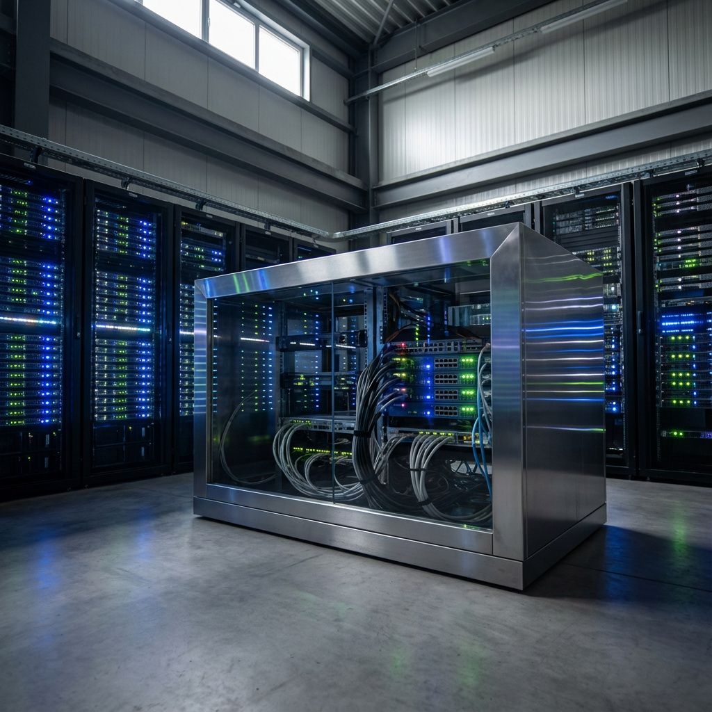 Forestil dig et fotografi, der viser en moderne, industriel arbejdsplads i et nybygget datacenter. Kameraet er sat op i en lav vinkel for at fremhæve de kraftfulde serverrækker, der rækker ud i horisonten, med skærme, der blinker i forskellige nuancer af blåt, grønt og hvidt, hvilket illustrerer dataflows og maskinlæring i realtid. I midten af billedet er en stor, glat overflade af metal og glas, der reflekterer blikket ned over en række kabler og routere, hvor de subtile LED-lys skaber en dynamisk atmosfære uden at fokusere på personer. Lysgengivelsen er naturlig, med bløde skygger, der understreger den industrielle æstetik, mens de farverige lysreflekser symboliserer de komplekse, usynlige processer bag ved AI-infrastrukturen. Dette billede visualiserer teknologiens indre liv og dens betydning i den moderne, digitale verden, uden at afbøde realismen, men fremhæve dens abstrakte kraft og betydning. Det fotografi kan tolkes som en metafor for de skjulte lag af kontrol og dataflow i AI-teknologi, hvor infrast