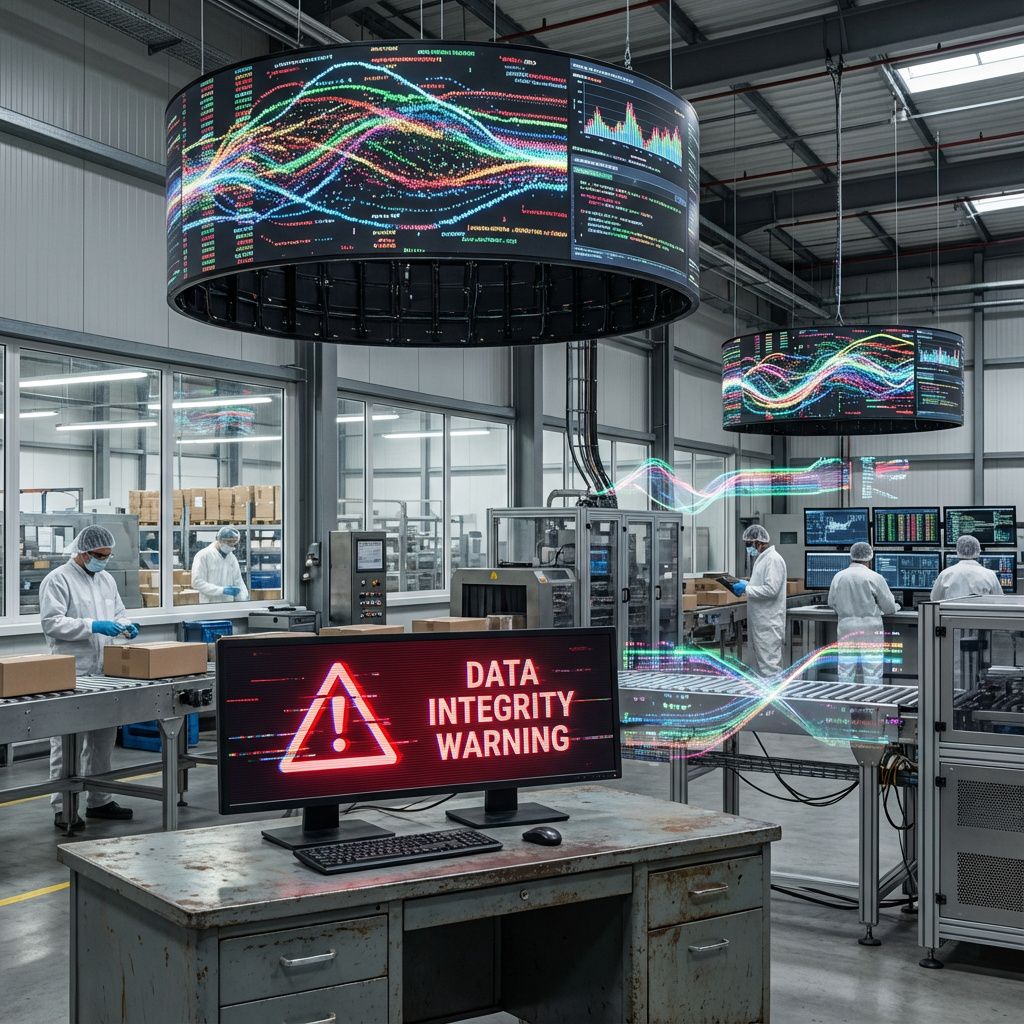 Det mest fængende og realistiske billede til artiklens fokus på data poisoning kunne være en dokumentarisk scene af et moderne, teknologisk avanceret lager- eller produktionsmiljø, hvor der er tydelige visuelle hints til manipulation og usikkerhed i data. Forestil dig en stor, industriel lagerhal med roterende dataskærme, der viser forvirrende, farverige datafloder og grafer, som symboliserer data, der flyder og bliver manipuleret. I forgrunden kan der være et metalbord med en computerskærm, der viser et digitalt