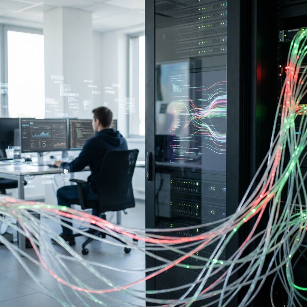 Det mest fængende og spændende foto, der illustrerer emnet data poisoning i en dokumentaristisk og realistisk stil, kan være et billede af en moderne, lyst kontor- eller laboratoriemiljø, hvor en stor, transparent datastrøm eller netværk af lysende dataflydende ledninger spejler de skjulte trusler og påvirkninger, der bevæger sig gennem systemerne. I midten kan en slank, minimalistisk maskine eller serverstand, symbolsk oplyst, vise glidende LED-linjer, der skifter farve, hvilket visualiserer manipulationen af data. Omkring den, i stedet for mennesker, kan man have digitale, abstrakte skitser af dataetiketter, der flyder og ændrer form, hvilket illustrerer den subtile, men kraftfulde process, hvor data forvanskes og manipuleres i den digitale verden. Med fokus på det hverdagsagtige, kan billedet også indeholde et ultrarealistisk øjeblik af en anonym person, der overvåger flere skærme eller dashboards i baggrunden, hvorfra virtuelle data siler ned, men uden direkte kontakt med computere, hvilket skaber en vis