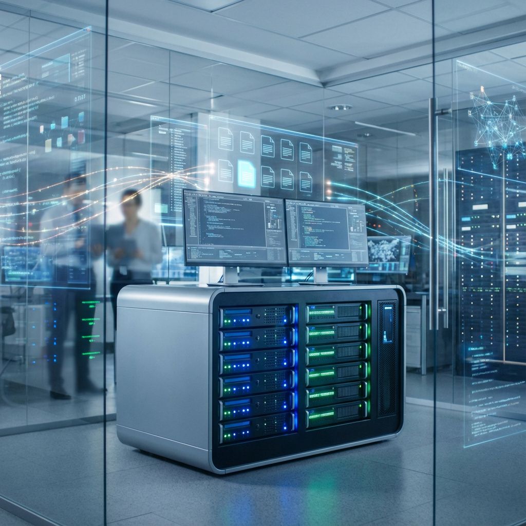 Mit forslag til det mest fængende og realistiske foto, der illustrerer emnet i artiklen, er en dokumentaristisk gengivelse af et moderne AI-laboratorium i et kontormiljø, hvor man ser en stor, avanceret, men stilfuld server- eller databehandlingsstation. Billedet bør vise et miljø præget af subtile, abstrakte elementer som holografiske visuelle data, digitale flows og overlappende visualiseringer af filer og algoritmer, uden at menneskene er i fokus, men i stedet er omgivelserne præget af teknologiens tilstedeværelse. Det kan eksempelvis forestille sig en stor glasvæg med reflekterende overflader, hvor LED-lysgenererede dataflydninger og visuelle repræsentationer af arbejdsfiler angiver en aktiv datahåndtering i nutidige AI-laboratorier, hvilket giver en ægte og konkret fornemmelse af teknologien i praksis uden at være futuristisk sci-fi.