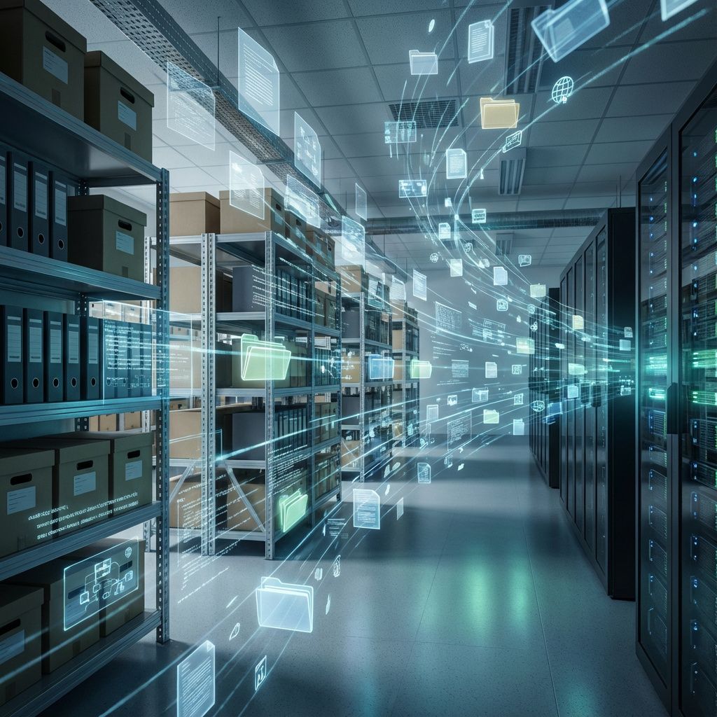 Jeg har skabt et fængende og realistisk billede, der abstrakt visualiserer konceptet om AI-laboratorier og dataintegration i nutidens miljø. Det viser en moderne arkiv- eller lagerlokale, hvor flydende datafiler, papirer og digitale ikoner som diagrammer og koder bevæger sig gennem luften i organiserede, men tilsyneladende rodede strømme. Disse elementer symboliserer dataoverførsel og den komplekse, men organiserede natur af moderne datalagring og behandling, uden at fokusere på personer. Lyset er dæmpet med bløde, kolde farvetoner, der fremhæver teknologiens harmoni med det fysiske miljø, hvilket tilføjer en autenticitet og et dokumentarisk præg til scenariet, der afspejler den aktuelle trend i AI-integration og datahåndtering.
