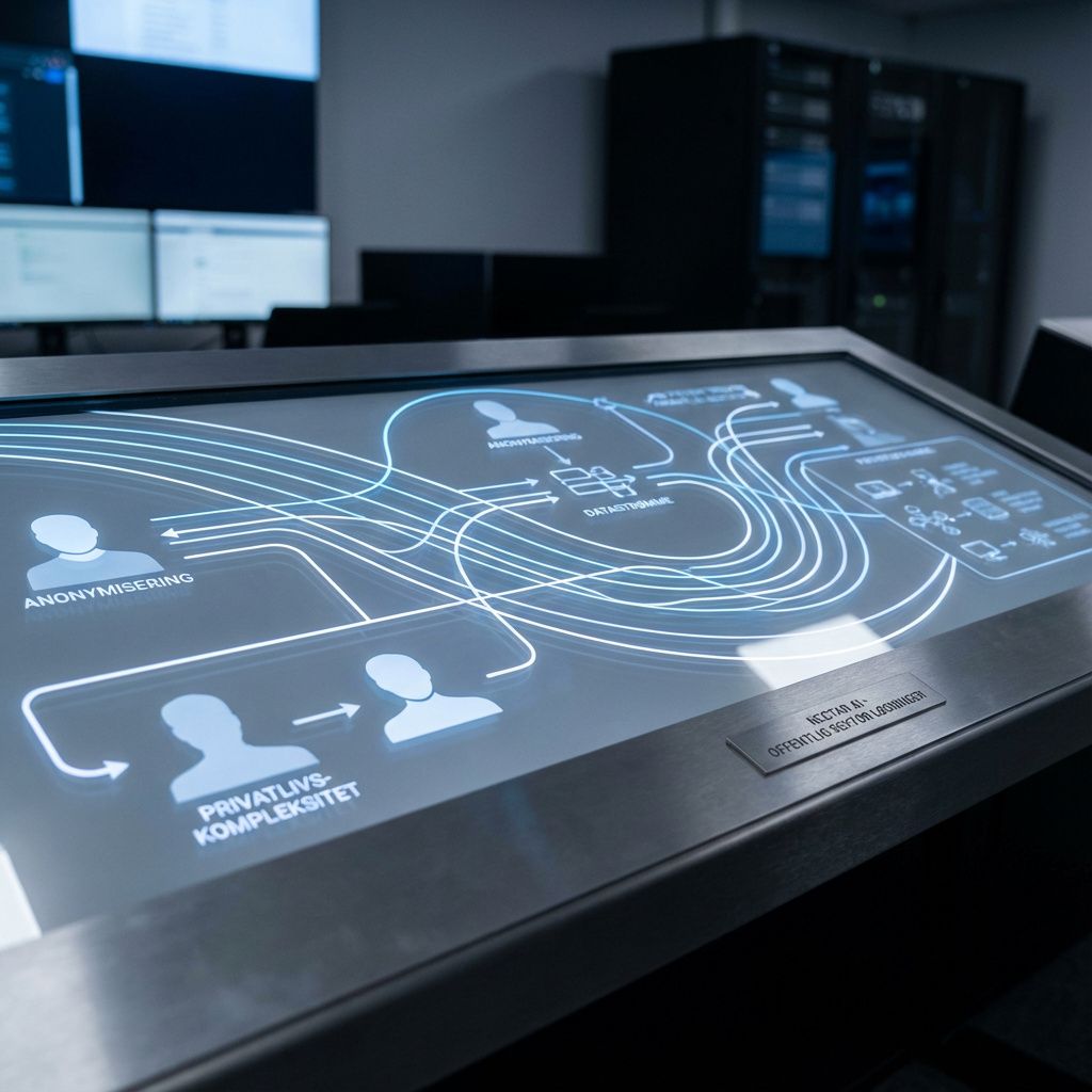 Det mest fængende og realistiske billede, der illustrerer artikelens kerne, kunne være et nærbillede af en moderne, minimalistisk kontrolrumstavle i en offentlig institution, hvor data flyder virtuelt gennem usynlige netværk. Forestil dig en fotografi af glasklare, subtile LED-lysende linjer, der snor sig over en overflade af digitale silhuetter og diagrammer, der illustrerer anonymisering og datastrømme, uden at vise konkrete personer. Det ville være en dokumentaristisk repræsentation af dataprivatlivets kompleksitet i den offentlige sektor og den virkelige verden, hvor teknologien er altomfattende, men stadig usynlig og abstrakt for den daglige bruger. Den figurative symbolik med datastrømme, der snor sig gennem et netværk, vil effektivt kommunikere både potentialet og risikoen ved AI-løsninger som Nectar AI i et realistisk, nutidigt miljø.