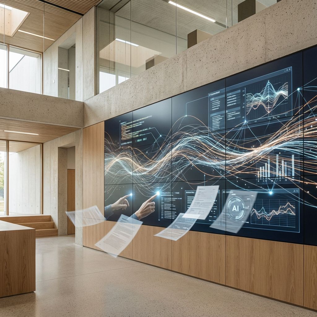 Det mest fængende og relevante billede, der kan visualisere artiklens kerne, er et realistisk miljø, hvor teknologi integreres i det offentlige område gennem abstrakte repræsentationer. Forestil dig et nærbillede af en moderne kommune- eller kontorbygning, hvor en stor digital skærm fylder en væg – skærmen viser dynamiske netværk af datalinjer, abstrakte strømme af information, og grafiske visualiseringer, der symboliserer AIs analyser og automatisering. Omgivet af en minimalistisk, men indbydende indretning uden mennesker i fokus, men med subtile indikationer såsom hænder, der peger på skærmen, eller dokumenter, der flyder gennem luftige datanetværk. Denne komposition understreger, hvordan AI og dataflow er en del af det konstante, daglige arbejdsmiljø i moderne offentlige institutioner, uden at det bliver clichéfyldt eller sci-fi-inspireret. Det dokumentaristiske element opnås ved at holde farvepaletten naturlig og lys, og fokusere på realismen i detaljer og tekstur på teknologien. Billedet vil formidle e
