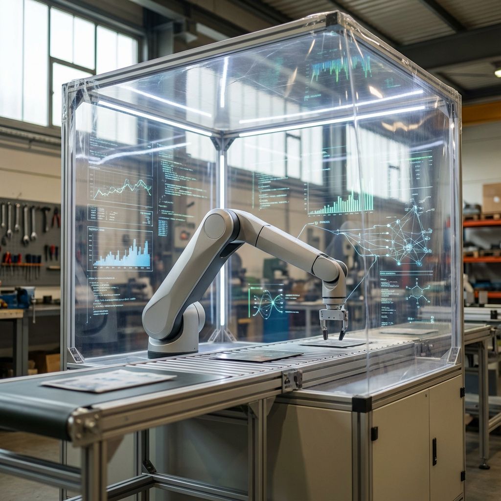 Et tørt, dokumentaristisk foto, der visualiserer den fysiske forståelse af avanceret AI, kunne forestille en industrimulighed i et moderne produktionsanlæg. Billedet viser import af en deleproces, hvor en robot, udstyret med en højst minimalistisk, futuristisk arm, står i færd med at sortere varer på et konventionelt samlebånd – men det er miljøet, der er det centrale: en stor, lysfremhævet kappe af transparent plastik, der omkranser arbejdsområdet, og viser en kompleks, dynamisk dataoverløb i form af flydende grafer og kode, projiceret i luften omkring robotten. Den teknologiske aktivitet får rummet til at ligne en fysisk manifestation af en modernisering, hvor data og handlinger smelter sammen i en kontinuerlig strøm, uden mennesker, men med tydelige tegn på intelligens og fysisk forståelse. En lav dybdeskarphed fokuserer på robotens arm og arbejdernes værktøjer i baggrunden, hvilket antyder, at verden nu forstås gennem AI’s perspektiv snarere end menneskets, uden at overdrive, og ved at bruge naturlige, in