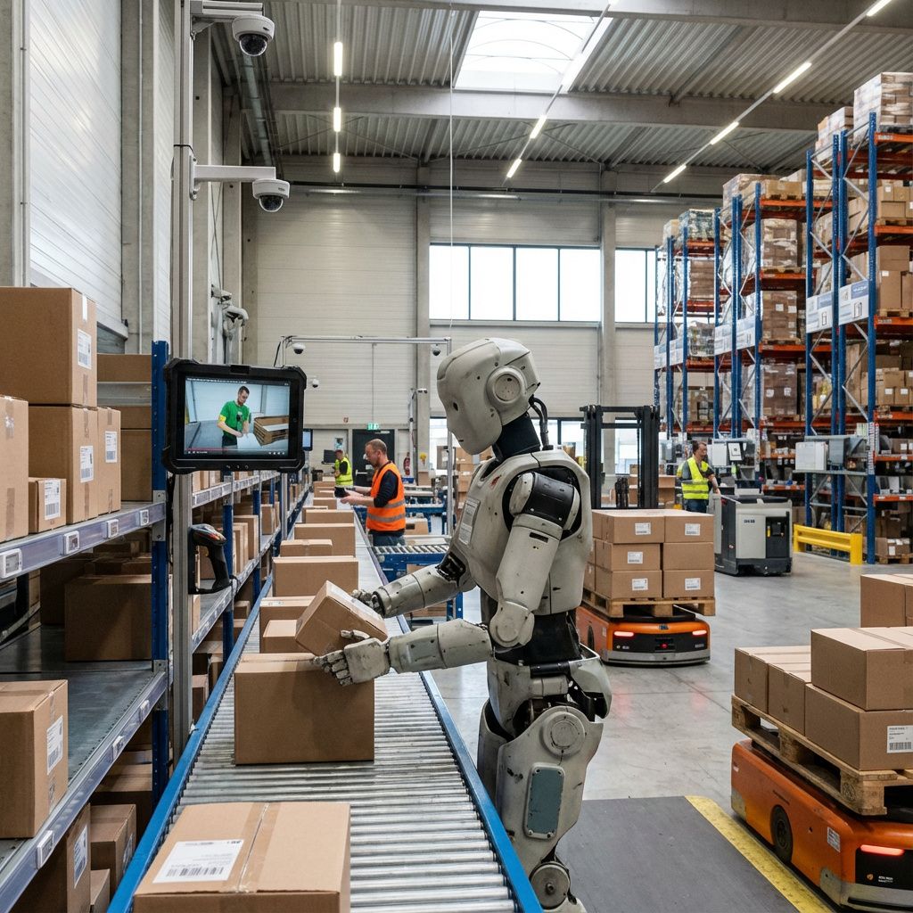 Det mest fængende og realistiske billede, der reflekterer artiklens essentielle tema om teknologiens transformative kraft i en nutidig, dokumentaristisk kontekst, kunne være et scenarie fra et moderne lager eller produktionsmiljø. Forestil dig en åbent, lavloftet lagerhal med høje hylder fyldt med varer, hvor en robot (som kan minde om en mere avanceret, menneskelignende frame uden at være sci-fi) er i færd med at sortere kasser ud fra en altomsluttende, realistisk vinkel. Omgivelserne fokuserer på en industriel, dagligdags praksis med tydelige spor af teknologi i form af kameraer, labels og automatiserede systemer, mens robotten udfører en opgave baseret på en simpel video-instruktion, hvilket understreger realismen i anvendelsen af den nye teknologi. Dette billede vil visualisere den konkrete anvendelse af robotteknologi i en almindelig produktion, hvor videobaseret læring og fleksible automationsprocesser bliver en praktisk del af hverdagen. Det dokumentaristiske præg opnås gennem en neutral farvetemperat