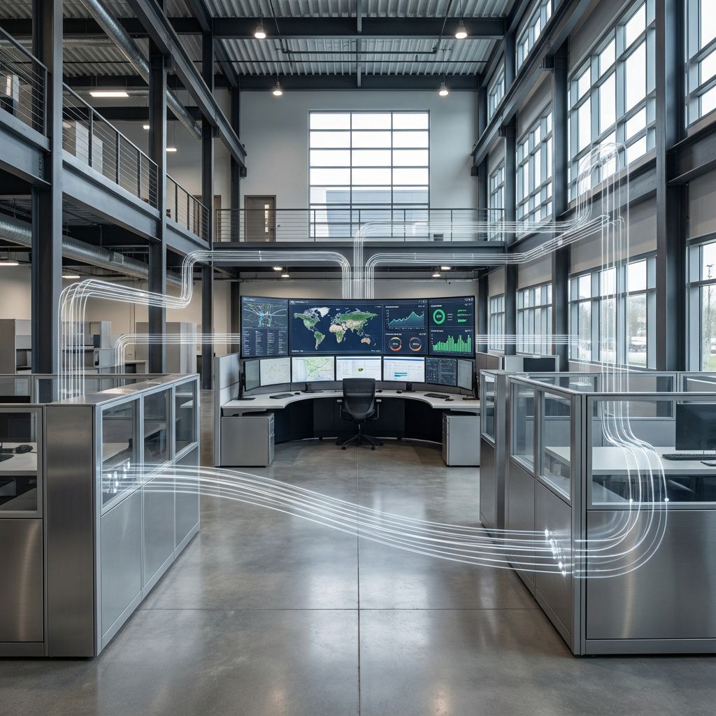 Det mest fængende og realistiske billede, der afspejler emnet omkring MCP-protokoller og moderne systemintegration, bør visualisere en konkret hverdagssituation i et moderne, funktionelt miljø uden at fokusere på mennesker ved computere. Forestil dig en stor, industrielt inspireret kontorbygning, hvor flere mikroservice-områder er adskilt, men koblet via transparente, synlige datalinjer, som symboliserer kommunikation. Disse linjer strømmer som subtile, lysende tråde mellem stationer, der repræsenterer forskellige systemer og protokoller, og skaber en følelse af orden i kaosset, samtidig med at de viser hvordan data flyder problemfrit – selv i komplekse, skalerende miljøer. I midten kan man se en stor, åben arbejdsstation - en slags futuristisk, men realistisk kontrol- eller overvågningszone - hvor visuelle kort og grafer retter sig ud fra de synlige dataliner, hvilket illustrer automatisering, validering og sikkerhed i et kontrolleret miljø uden menneskelig tilstedeværelse. Dybt i baggrunden er der indbyg