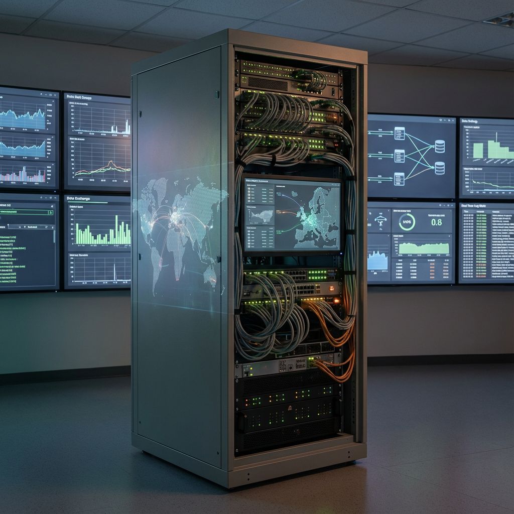 Forestil dig et realistisk, dokumentaristisk billede taget i en moderne IT- eller datacenter-omgivelse. I centrum står en avanceret, men subtilt designet serverrack, der symboliserer krydsregion-inference, uden direkte mennesker, kun teknologiske elementer: store netværkskabler, LED-indikatorer, grafiske visualiseringer på monitorer, der viser databevægelser og regioners interaktion. Overfladen af racken har et holografisk lag med svagt blinkende linjer, der antyder dataflow mellem forskellige regioner – som et digitalt kort over Europa og videre til resten af verden, men uden at overdrive sci-fi elementer. Lyset er dæmpet, men med bløde, konstant skiftende farver, der symboliserer krydsning af data mellem regioner, hvilket både understøtter realisme og abstraherer komplekse processer. Bag dette centrale element er en stor, detaljeret væg af flade, holdbare skærme, der viser grafer, dataudvekslingsdiagrammer og real-time log-statistikker, uden at blive til futuristisk spekulation. Atmosfæren er præget af en 