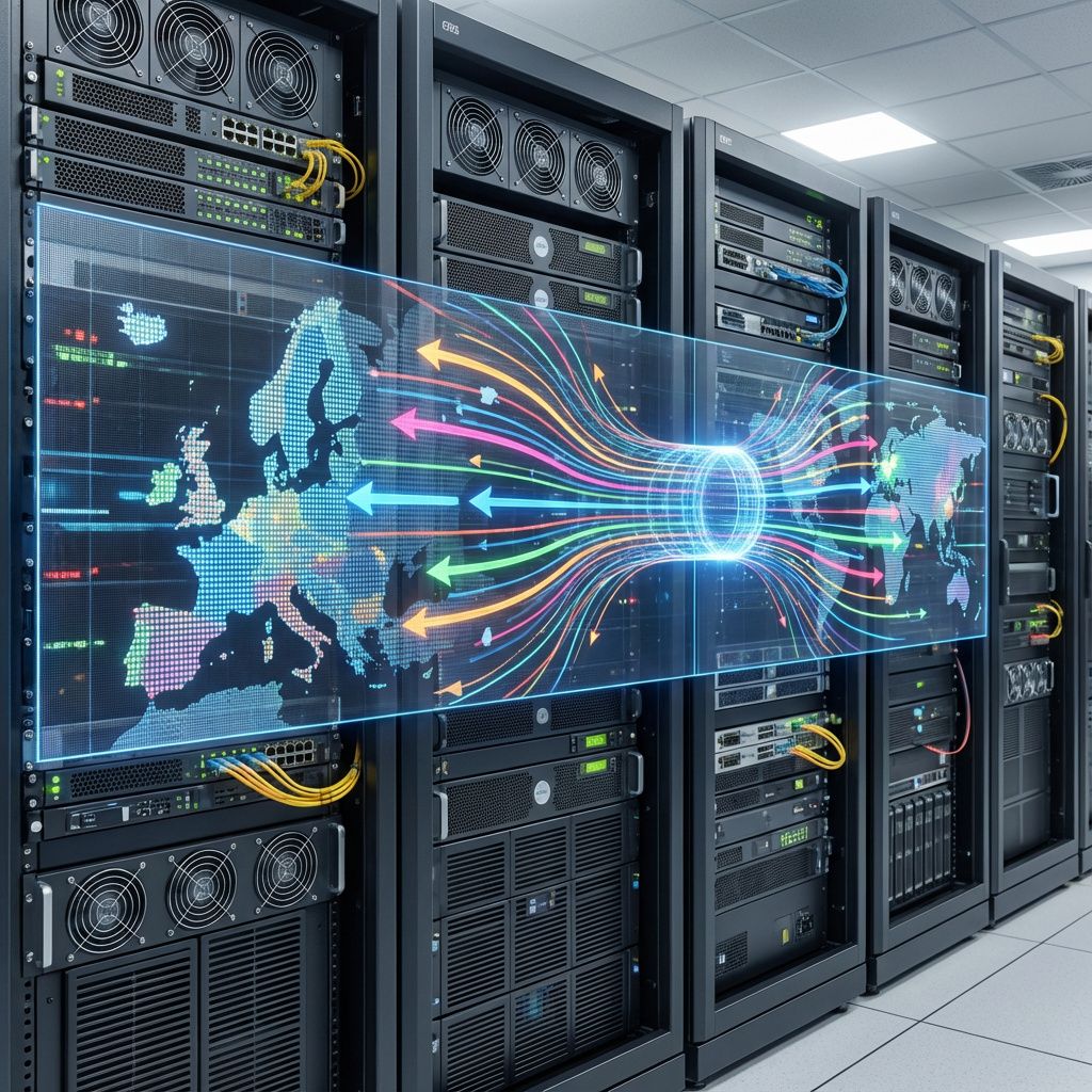 Forestil dig et realistisk fotografi taget i en moderne, funktionel IT-infrastruktur med fokus på cross-Region inference (CRIS). Billedet viser en stor, velorganiseret server- eller datacenterhal, hvor flere fysiske racks med avanceret netværksudstyr og servere er tydeligt synlige, uden at fokusere på mennesker. Vigtige elementer inkluderer en stor, transparent LED-skærm, der viser et dynamisk, abstrakt dataflow med farverige linjer og pile, der symboliserer data, der flyder mellem regioner—fra Europa til andre globale destinationer. Rummet er præget af køling, avancerede forbindelser og synlige, sikre krypteringskapsler, hvilket understreger konceptet om dataresidens og interoperabilitet. I billedet er der en subtil, men tydelig metafor for teknologiens kompleksitet og robusthed: en digital 