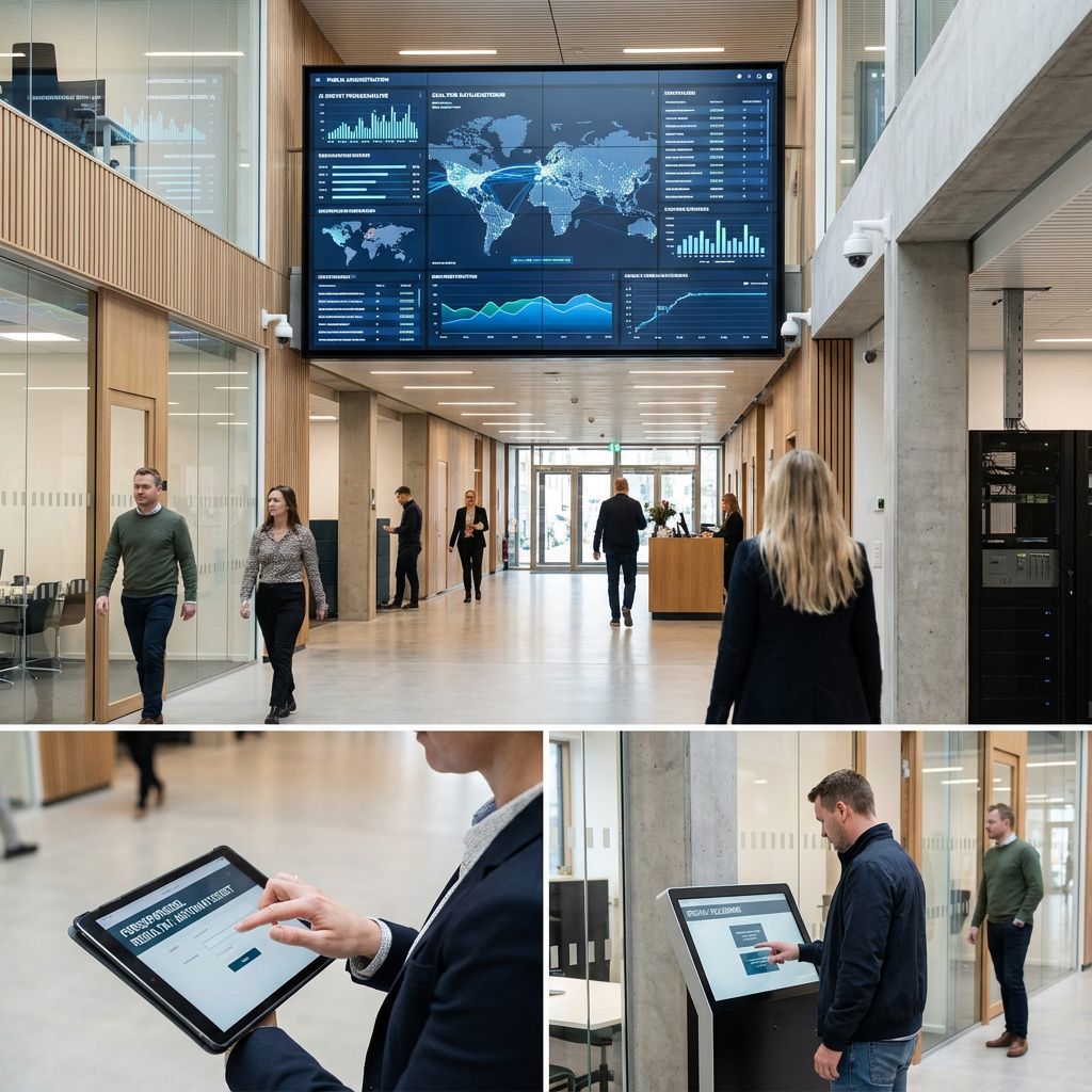 Forestil dig et fotorealistisk, dokumentaristisk billede, der viser en moderne offentlig administrationsbygning i daglig drift, hvor teknologi spiller en central rolle, men uden direkte menneskelig indblanding. På fokus er en stor, stilfuld digital skærm i et åbent og funktionelt miljø, der viser en realtidsvisualisering af komplekse datastrømme, som symboliserer AIs evne til at analysere og automatisere offentlige processer. Rundt omkring er der sparsomme personer, der symbolsk repræsenterer borgere og medarbejdere – for eksempel en medarbejder, der med et fingerspidset tryk på en tablet, får resultatet af AI-drevne forespørgsler, eller en borger, der får vejledning via en skærm i en digital informationsstand. Billedet skal fremhæve systemets integrerede kraft, sikkerhed og real-time datahåndtering i et klart, realistisk miljø, der afspejler nutidens teknologiske infrastruktur uden at bruge caricaturer af mennesker, hvilket understreger teknologiens rolle i en konkret, hverdagagtig offentlig service.