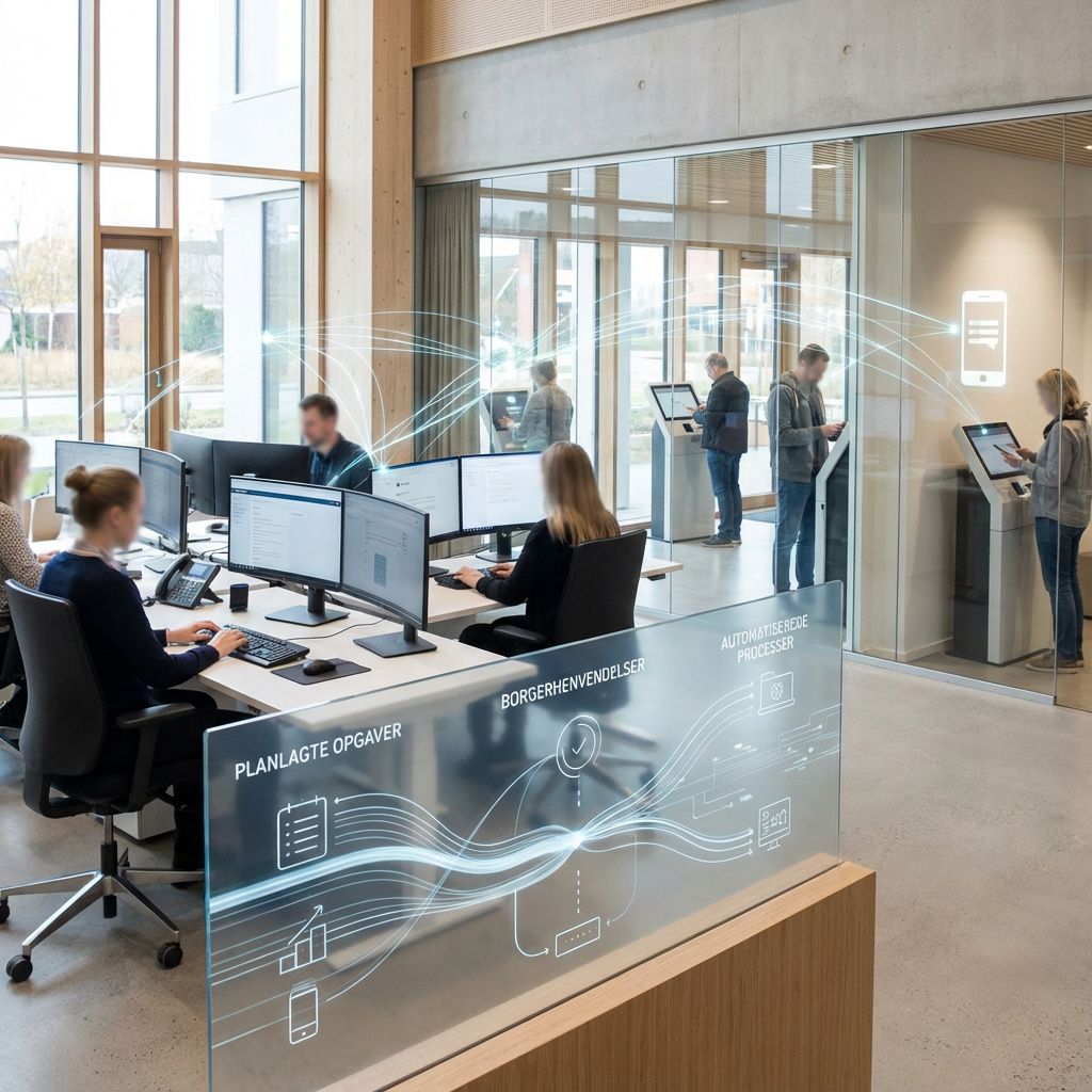 Et fascinerende, dokumentaristisk billede af en travl, moderne offentlig miljø, hvor teknologien har gennemgribende indflydelse på hverdagen. Forestil dig en scene i en åben, dagslys-belyst borgerservicebygning, hvor der er en diskret, men tydelig integration af avancerede AI-systemer i det fysiske miljø. I forgrunden ses en stor, transparent informationsskærm, der viser en dynamisk, flydende visualisering af data: planlagte opgaver, borgerhenvendelser, automatiserede processer – alting indlejret i en minimalistisk, futuristisk grafik, der symboliserer data-flow og digitalt samarbejde uden menneskelige figurer. Længere bagved arbejder ansatte med digitale værktøjer, hvor deres arbejdsstationer er designet til intuitiv interaktion med systemer, der automatiserer rutineopgaver, mens borgerne…eller de, der søger information, er synlige gennem store glaspartier, hvor de gør brug af teknologi i deres daglige liv uden direkte menneskelig kontakt samtidigt med, at de modtager præcise, automatiserede svar. Billede