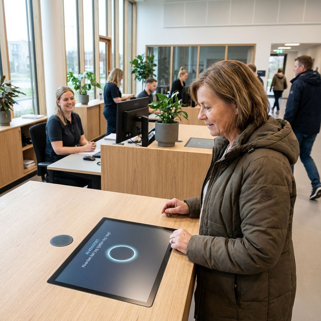 Dette billede visualiserer en konkret, dokumentaristisk scene fra en hverdagssituation i en fremtidig offentlig institution, hvor teknologien gør en forskel uden at fremstå sci-fi eller overdrevent futuristisk. Forestil dig en moderne, lyse og funktionelt indrettet borgerservice, hvor en tydelig, men diskret integreret AI-assistent—repræsenteret gennem en elegant, minimalistisk skærm eller en lydaktiv enhed—hjælper borgerne med at finde information, indgive ansøgninger eller få vejledning. Scenen er optaget fra en lav vinkel, med fokus på en borger, der aktivt interagerer med en skjult AI, mens en medarbejder i baggrunden observerer løsningen uden direkte involvering, hvilket illustrerer teknologiens rolle som et støttende element uden at overskygge menneskelige relationer. Det naturlige, neutrale lys og de subtile teknologiske detaljer understreger realismen i miljøet og viser, hvordan AI kan forbedre borgernes oplevelse i det offentlige rum i dagligdagen. Billedet fremhæver den konkrete anvendelse af AI i 