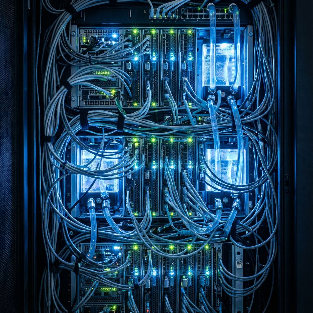 Det mest fængende og spændende foto, der med abstrakte, dokumentaristiske repræsentationer kan illustrere artiklens emne om avanceret automatisering, kunne være et nærbillede af et moderne fabriks- eller datacenter-miljø, hvor komplekse netværk og maskiner symboliserer systemernes agentatiske natur. Billedet viser et blødt, blåt lys, der siver gennem en labyrinth af kabler og servere, der minder om et syn i mikroverdenen — et organiseret kaos af teknologi. I stedet for mennesker er fokus på de subtile, inkarnerede spor af teknologi: blinkende LED-lys, bedårende kabler, avancerede kølesystemer og digitale sporspor, der antyder intelligens i systemets indre liv, uden at fjerne den dokumentariske realisme. Billedet bør fremstå som en nærmest biologisk organisme, der pulserer med data og processer, hvilket afspejler teknologiens iherdige, agent-lignende arbejde i det skjulte. Dette billede fungerer som en symbolsk visualisering af den avancerede automatisering, hvor kun de tekniske elementer er i fokus, uden men