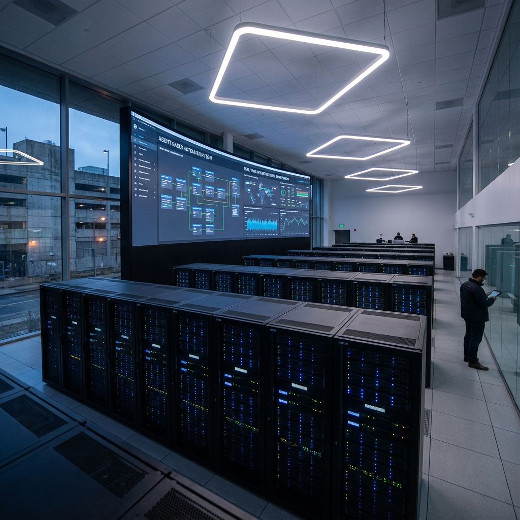 Det mest fængende og realistiske billede, der kan illustrere emnet i den midterste tredjedel af artiklen om automatisering, er en dokumentaristisk scene inde i en større, moderne infrastrukturbaseret datacenter eller kontrolrum. Forestil dig en bred vinkel, hvor fokus er på en række serverracks med LED-indikatorer, der blinker i forskellige farver, og en stor, central dashboard-skærm, der viser dynamiske flowdiagrammer og realtidsdata om agentbaserede automatiseringsprocesser. Scenen er uden mennesker, men med subtile antydninger – fx en person i baggrunden, der verificerer data via et digitalt interface, eller ganske få, minimale mennesker, der overvåger systemet. Den rhombus-formede, bløde belysning fra LED kanaler understreger den avancerede teknologi, mens det nøgne, urbane miljø uden for datacentret signalerer, at dette er teknologien i praksis, der transformer fanden i dagligdagen for organisationer. Dette symboliserer en avanceret, sikker, automatisk infrastruktur, der arbejder bag kulisserne uden at b