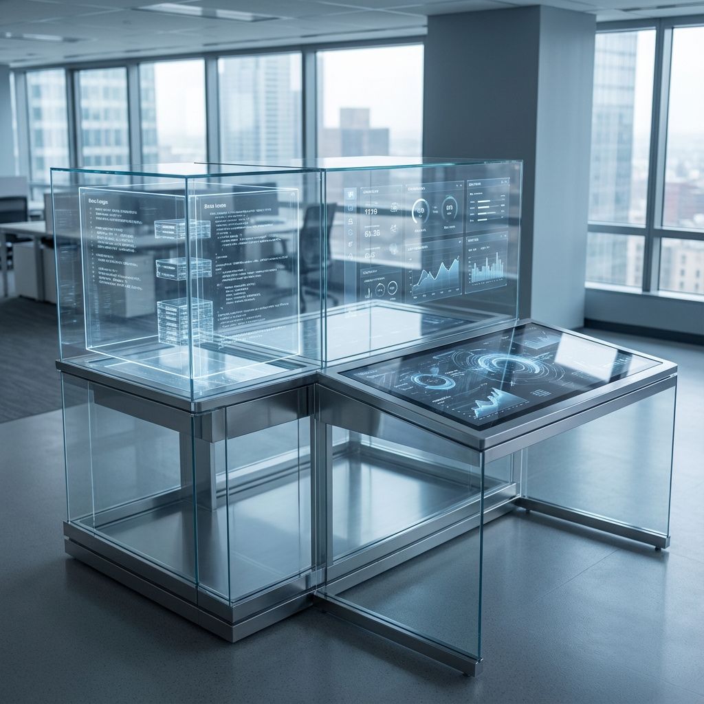 Forestil dig et fotografi, der visualiserer den daglige integration af AI i et moderne arbejdsmiljø uden at fokusere på mennesker. Billedet viser en stor, transparent arbejdsstation med flere sektioner, hvor forskellige technologiske elementer symboliserer AIs forskellige anvendelser: en sektion med flydende datalogger, en anden med virtuelle dashboards projiceret i luften, og en tredje med interaktive digitale assistenter illustreret gennem dynamiske, abstrakte grafer og diagrammer. Overfladerne er minimalistiske og futuristiske med klare linjer og bløde belysningseffekter, der afspejler gennemskuelighed og tilgængelighed i teknologien. I baggrunden ses en rumlig, urban kontorindretning, hvor naturligt lys filtreres ind gennem store vinduespartier, hvilket kombinerer det menneskelige miljø med den abstrakte teknologiske virkelighed. Farvepaletten er dæmpet med nuancer af blå og grå, der symboliserer ro og tillid, mens interaktive elementer tilføjer en følelse af aktivitet og udvikling uden menneskelige ski