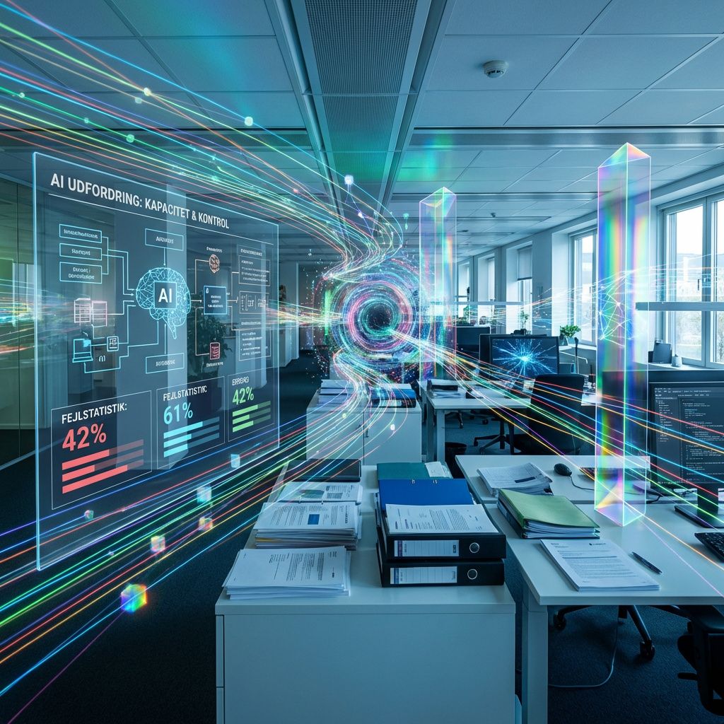 Et dokumentaristisk billede, der symbolsk visualiserer den komplekse udfordring med AI i kontorarbejde, kunne være en moderne, stilren kontorlandskab med en stor, åben arbejdsplads, hvor flere avancerede, abstrakte datavisualiseringer og datastreams flyder gennem rummet i form af lysende ledninger og prismatiske strukturer. Disse datarepræsentationer, visuelt fremstillet som flydende, farverige linjer og netværk, svæver over skriveborde og i luften, hvilket understreger det store informationsflow, som AI skal håndtere. I stedet for mennesker i fokus vises mange dokumenter, mapper og digitale skærme, mens en stor, transparent skærm foran billedet projicerer komplekse AI-diagrammer og fejlstatistikker i et roligt, men intenst miljø, der afspejler en realistisk arbejdskontekst. Fotoet skal indfange den kontrast, der er mellem den enorme, uendelige informationsstrøm og den begrænsede kapacitet for AI til hurtigt at samle tråde, hvilket er centralt for artiklens budskab. Billedets lys og farveskala bør være køli
