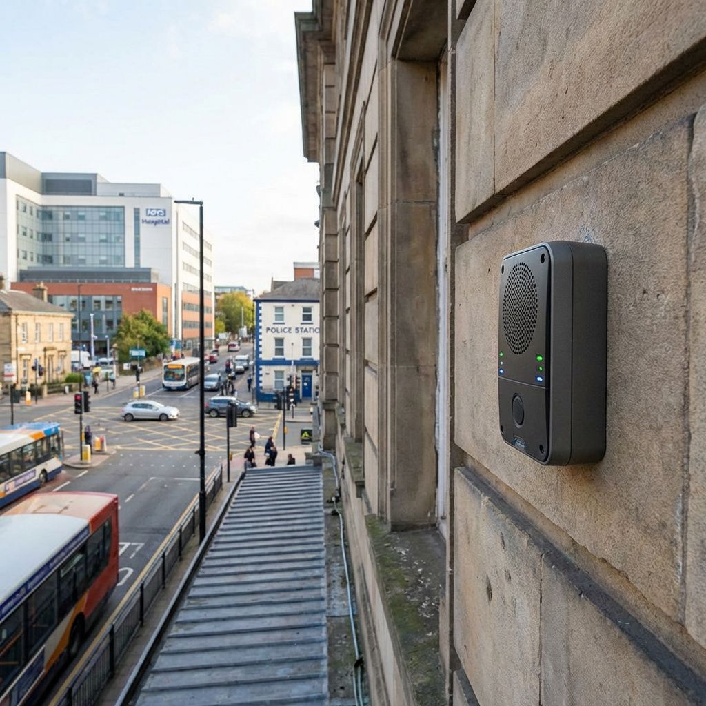 Det mest fængende og realistiske billede, der kan illustrere teknologien bag voice AI i nutiden, er en dokumentarisk scene fra en moderne offentlig sektor-infrastruktur. Forestil dig en urban miljö med en travl trafikknudepunkt, hvor en sensor-aktiveret, diskret mikrofonenhed er bundet til en offentlig bygning eller busstation. I baggrunden skimtes en politistation, et sygehus eller en administrative kontorbygning, der repræsenterer de steder, hvor voice AI teknologi anvendes til effektive interaktioner med borgerne. Lyset er naturligt og klart, men med små, præcise LED-indikationer fra enheden, der viser, den er aktiv og overvåger. Billedet fokuserer på den subtile integration af teknologien i det daglige byliv, uden at personer er i centrum, hvilket lægger vægt på systemets funktion og relevans i praksis . Dette foto viser en hverdagsscene, hvor teknologien er en usynlig, men aktiv part i samfundets infrastruktur: En mikrofon tæt på en stor, med tiden indarbejdet bygningsfacade, omgivet af en travel baggru