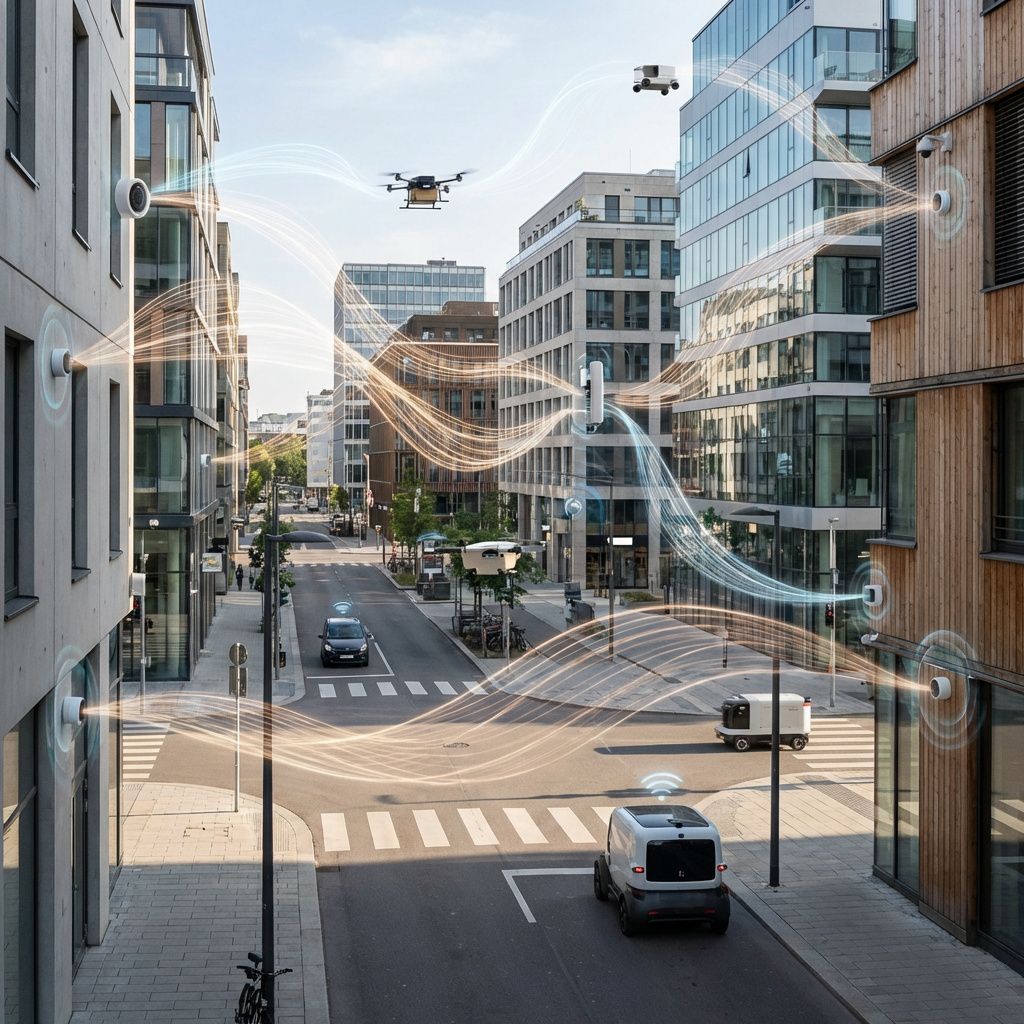 Det mest fængende, dokumentaristiske billede, der passer til artikelens sidste tredjedel, kunne være et realistisk foto af en moderne, stilfuld kommunikationskontor eller bymiljø, hvor droner eller autonome køretøjer transporterer lyd- og datameldinger gennem luftlaget. Billedet vil fange en konkret, hverdagsagtig situation: en by, hvor små audiosensorer og kameraer er integreret i byens infrastruktur, mens lydstrømme visualiseres gennem subtile, abstrakte lysbølger, der bevæger sig mellem bygninger og mødesteder. Det fremhæver det nære samarbejde mellem teknologi og byliv, uden at fokusere på personer, men i stedet på miljøet og de usynlige dataflydende lag, som driver den intelligente, dynamiske by. Denne dokumentaristiske scene illustrerer, hvordan voice AI og realtidskommunikation er på vej ind i dagligdagen i en måde, der er både virkelighedsnær og futuristisk uden sci-fi overtoner . Billedet fremstår i naturlige, jordnære farver med enkelte, svagt lysende LED- eller nanolysstriber, der følger de abstra