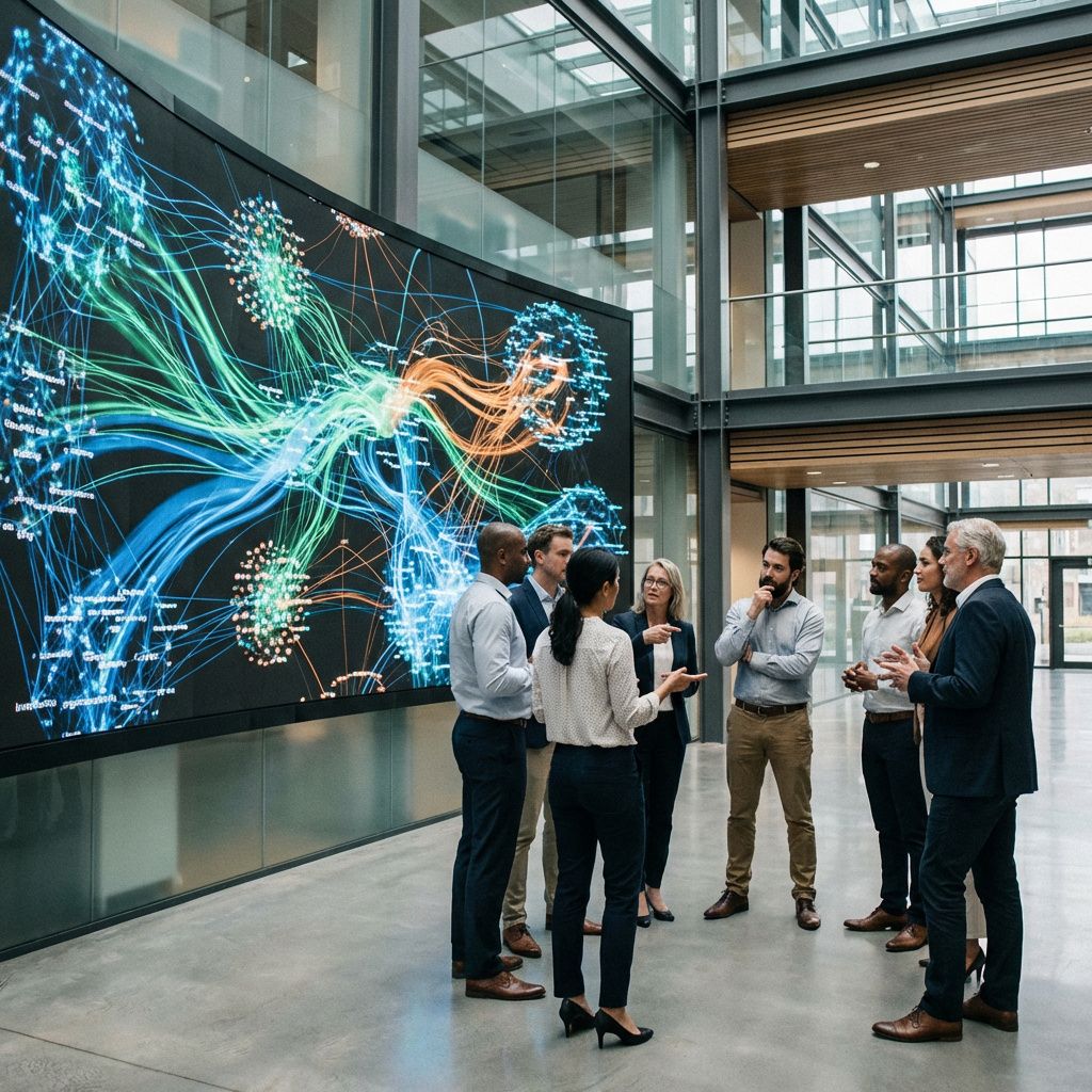 Billedet viser en realistisk, dokumentaristisk scene af en moderne, måske futuristisk, kontorbygning, hvor en omfattende stor skærm dominerer rummet med komplekse, abstrakte visualiseringer af netværksstrømme, datavisualiseringer og sociale dynamikker. I forgrunden står en gruppe voksne medarbejdere - forskere, beslutningstagere og konsulenter - i en naturlig, uformel samling, uden direkte computerbrug, men hvor deres kropssprog og blikfæstner opmærksomhed og diskussion omkring skærmens indhold. Billedets fokus er på atmosfæren af samarbejde og kompleksitet, og det fremstår som en realistisk, intakt scene fra et større forsknings- eller innovationsmiljø, hvor avanceret teknologi bruges til at håndtere sociale og organisatoriske udfordringer. Farvetemperaturen er neutral med bløde,Embedded lysrefleksioner, hvilket fremhæver detaljerne i miljøet og giver en autentisk dokumentarisk stemning uden overpolering . Dette billede spejler det centrale emne i artiklen om AI’s rolle i organisatorisk koordinering og soci