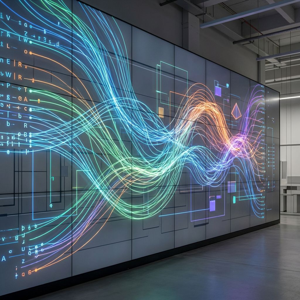 Det mest fængende og spændende billede, der kan illustrere emnet i artiklen, er en dokumentaristisk scene af en moderne, højteknologisk arbejdsplads, hvor komplekse dataflydninger og afhængigheder visualiseres gennem et kunstnerisk, abstrakt udtryk. Forestil dig en skærm- eller væginstallation bestående af et mumltibrid af lysende, flydende bindeled og netværk af strukturkarakterer – en visuel metafor for dependencies, projektopgaver og workflow. Disse elementer swirler og skifter farve i takt med den imaginære proces, hvilket giver en dynamisk og næsten organisk fornemmelse af et levende projektstyringssystem. Det abstrakte billede kan bygges op om en neutral, industriel baggrund med subtile linjer og former, der symboliserer struktur og orden, mens levende lysstrenge og geometriske former illustrerer procesdynamikken. Det viser en uforudsigelig, men veldrænet visualisering af data, samarbejde og afhængighedskæder uden at inkludere mennesker, hvilket formidler en realistisk, dokumentarisk hverdag i et avanc