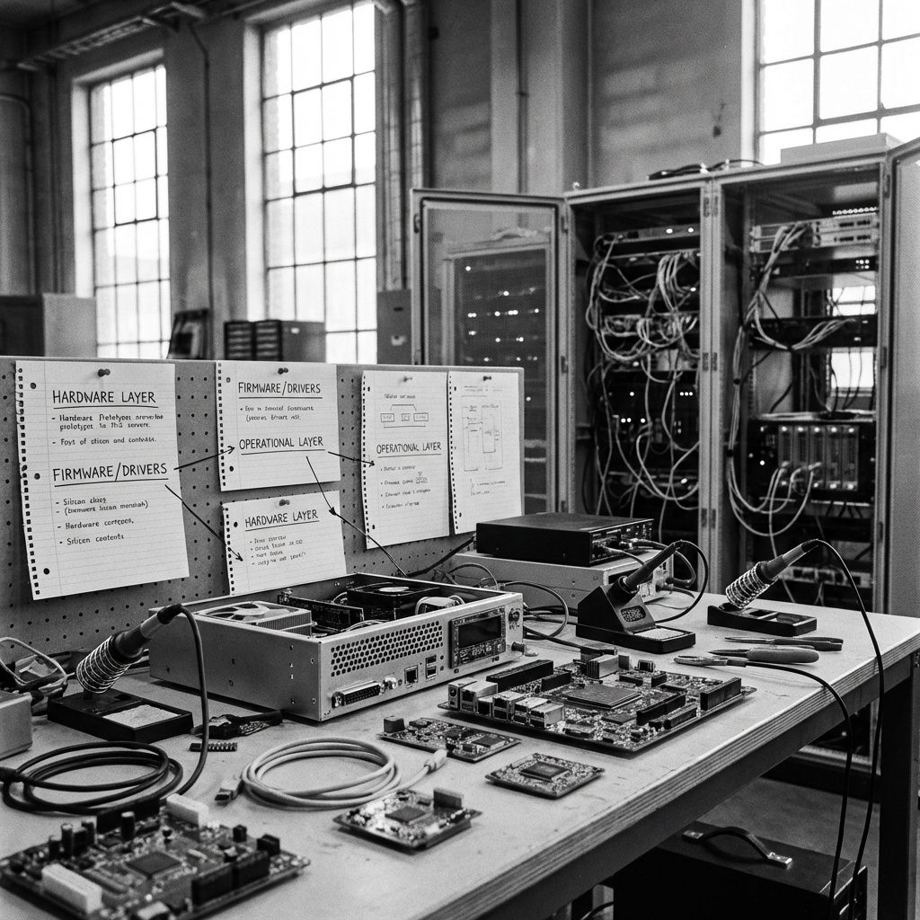 Dette fotografi skal fange den komplekse, men alligevel elegante sammenhæng mellem hardware og software i moderne AI-systemer i en hverdagssituation, uden at fremvise personer direkte foran computere. Forestil dig et sort-hvidt, dokumentaristisk billede, hvor et bord med åbne, tekniske prototyper og værktøjer symboliserer den usynlige lagdelte struktur bag AI-teknologi—fra silicium chips, gennem firmware og drivere, til det operationelle lag. På bordet er små, tydeligt mærkede komponenter, kabler, og et par notebook-udklip, der peger på den komplekse hardware-udvikling, uden at vise personer, men i stedet fokusere på de konkrete, teknologiske elementer i miljøet. Bagved er en afslappet, industrielt inspireret baggrund med åbne rack-skabe og kablede enheder, der antyder den usynlige, pålidelige kommunikation i systemets lag. Det naturlige lys, der filtreres gennem høje vinduer, fremhæver detaljerne i de tekniske elementer og giver billedet en autentisk, realistisk stemning af praksis og dagligdags teknologisk