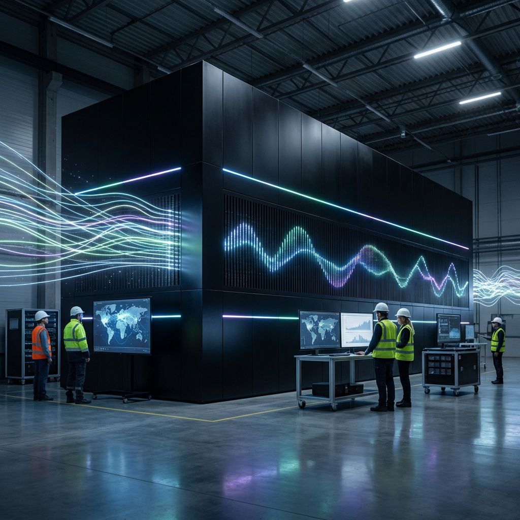 Forestil dig et realistisk, dokumentaristisk billede taget i en moderne, højtechnologisk produktionshal, hvor en stor, avanceret datacenter-agtig struktur dominerer rummet. Midt i billedet er en massiv, minimalistisk struktur af sort, glat metal og subtile LED-striber, der skifter farver i bløde, rytmiske mønstre, symboliserende den komplekse aktivitet og strøm af data, der foregår i inference-processen. Omgivet af ventende, professionelle teknikere med sikkerhedsudstyr og moderne monitorer, der viser globale netværksvisualiseringer og datavogne, illustreres den abstrakte, men håndgribelige effekt af AI’s inferrede beregninger i realtid. Rummet er oplyst med kølige, bløde lys, som fremhæver den futuristiske, men alligevel konkrete teknologi, mens refleksioner i det glatte gulv spejler den dynamiske kraft og omkostningseffekt, der præger nutidens AI-inference. Billedet fokuserer på det abstrakte flow af data – en strøm af lysende, bølgende linjer, der flyder som strømmende elektrisk energi gennem strukturen o