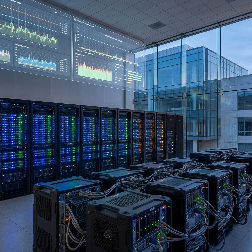 Forestil dig et realistisk, dokumentaristisk billede taget i en moderne data-center-omgivelse, hvor bygningsindretningen domineres af store, industrielle racks af servers, der er dækket af blinkende LED-lys i blå, grøn og oransje nuancer. I forgrunden er der en række specialdesignede, robuste netværks og datalagringsenheder, der er forbundet via synlige, kraftige kabler, hvilket symboliserer den komplekse infrastruktur bag inference-udgifterne. Over scenen hænger store, transparente skærme, der viser dynamiske grafer og datavisualiseringer af trafik og beregninger, der repræsenterer de enorme regnekraftbehov ved real-time inference. Rummet er oplyst med en blød, diffus belysning, og der er ingen mennesker i fokus, hvilket understreger den kollektive, infrastrukturelle natur af teknologien. I baggrunden kan der skimtes en stor, digitalt kontrasterende bygningsstruktur — et stykke arkitektur formet af glass og beton — der positionerer data-centret som det stille, men kraftfulde hjul i den moderne digitale økon