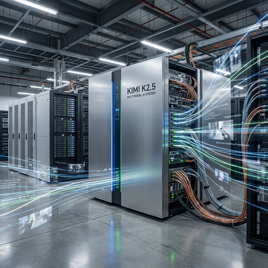 Det mest fængende og spændende billede, der kan visualisere emnet i artiklen om Kinas Moonshot AI og Kimi K2.5, bør være en dokumentaristisk gengivelse af den teknologiske innovation i et realistisk miljø uden at fremstå futuristisk eller cliché. Forestil dig en stor, moderne IT- eller forskningsfacilitet, hvor en ikonisk, minimalistisk maskine eller serverrack—omkranset af et netværk af kabler og teknologiske elementer—repræsenterer Kimi K2.5’s multimodale kapacitet. Omgivet af visuelle datastrømme, som flyder i form af subtile, abstrakte laser- eller LED-baner, der illustrerer fusionen af tekst, billeder og video, skaber billedet en living visualisering af modellens omfattende datamængde - selvfølgelig uden at personificere med mennesker eller bløde scenarier, men i stedet med fokus på den store data-strøm, der strømmer gennem systemet. Her ligger en ægte, dokumentarisk vægt på at fange den komplekse, men kontrollerede kraft af den banebrydende teknologi. Billedet skal vække nysgerrighed ved at visualise