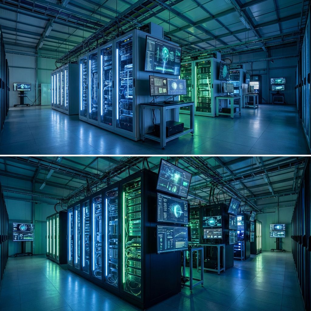 Det mest fængende og spændende billede, der kan visualisere emnet i den midterste tredjedel af artiklen om Kimi K2.5, er et dokumentaristisk, realistisk foto af en moderne, transportabel datacenter- eller serverrumsløsning i en global skala, hvor flere skærme og avanceret udstyr viser dynamiske visualiseringer af data, billed- og videobehandling i realtid. Billedet illustrerer en rummelig, industristil-inspireret teknologi-miljø med fokus på store, modulære servere og holografiske grafikker, som repræsenterer AI-modellens multimodale kapabiliteter og vokser i kompleksitet. Uden direkte menneskelig tilstedeværelse skal billedet formidle en følelse af avanceret internettet- og AI-infrastruktur, hvor data flyder i enorme mængder gennem kabler, serverblokke, og lysende display, hvilket symboliserer modellens enorme træningsmængde og potentials for digitalisering. Fotografiet er optaget med en bred vinkelobjektiv (f.eks. Canon RF 16-35mm f/2.8), hvilket giver dybde og perspektiv til rummet, mens den indre belysni