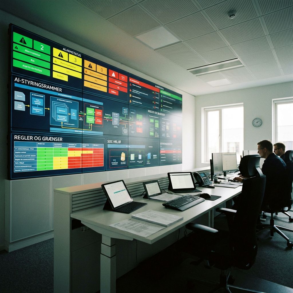 Forestil dig et realistisk, dokumentaristisk foto taget i en moderne, velbelyst kontrolrum i en dansk offentlig myndighed. Billedet afbilder en stor, digital dashboard-skærm fyldt med forgrønnede, gule og røde advarselsindikatorer, der skifter og blinkende i takt med stigende alarmer og alerts. Skærmen viser en kompleks struktur af grænser og regler, visualiseret gennem diagrammer og farvekodede tabeldata, som tydeligt illustrerer styringsrammerne for AI-automatiseringen. I midten står en stor, ryddelig arbejdsstation med digitale tablets og dokumenter, men fokus er på den overordnede skærm, der symboliserer den vigtige balance mellem automatisering og kontrol i dagens SOC-miljø. Miljøet er præget af en rolig, men intens atmosfære, hvor teknologiens kompleksitet tydeligt afspejler den kritiske forvaltning af sikkerhedsdata i en tid med hastige trusselsændringer og øget automation.