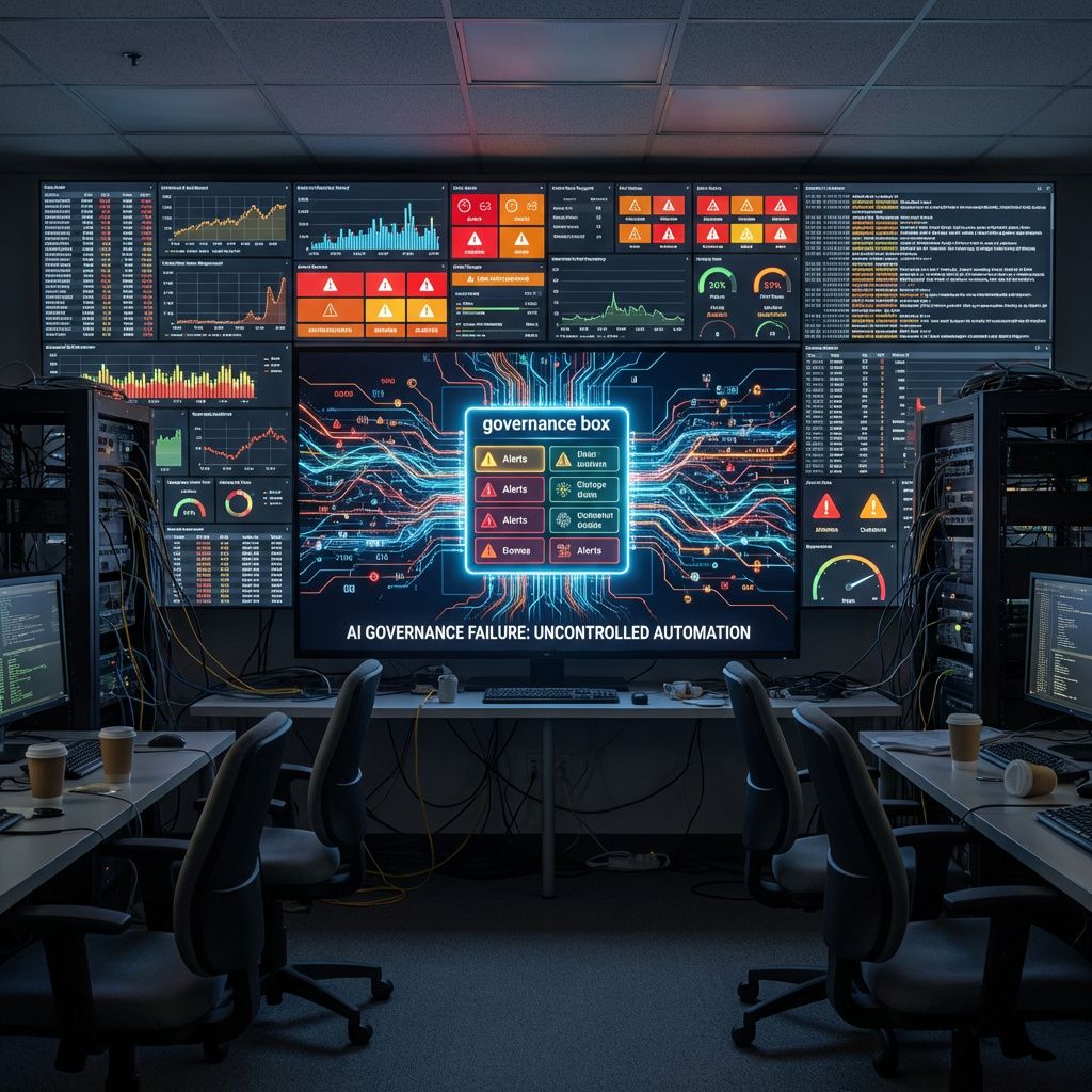 For at visualisere den komplekse virkelighed af AI’s rolle i moderne incident response, forestil dig et realistisk, dokumentarisk billede af en travl SOC-operationscenter. Billedet fokuserer på et massivt, væg-omfattende oversigtsdashboard fyldt med didaktiske grafer, farvekodede alerts og flydende datastreams, der symboliserer den konstante strøm af alerts, som SOC-teams håndterer. Uden mennesker i fokus skildres en labyrint af displays, hvor digitale signaler og blinkende advarsler skaber en næsten overvældende atmosfære af informationsoverload, og symbolsk illustrerer farverne i datasporet faren ved fravær af styring og klare grænser. I midten af billedet står en tilsyneladende livløs, mens AI-modelvisualiseringer projiceres på en stor skærm-opsætning, der illustrerer en form for 