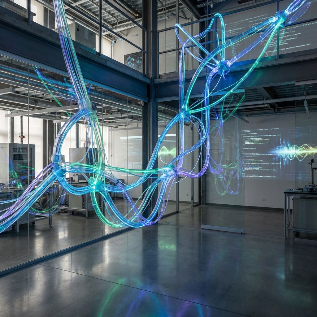 Det mest fængende og spændende foto, der bygger på abstrakte repræsentationer af artikelens kerne, kan være et realistisk, dokumentaristisk billede af en moderne laboratorie- eller udviklingsmiljø, hvor innovationen og den åbne teknologi symbolsk visualiseres gennem en futuristisk, men alligevel jordnær abstrakt installation. Forestillingen kan udformes som en stor, lysende, interaktiv væg eller en skulpturel struktur, der repræsenterer dataflow og netværk—fx tråde af ægteskabeligt lys, der forbinder forskellige komponenter eller elementer af et datagrid, med nyanser af blå, grøn og lilla for at illustrere teknologiens dynamik og fleksibilitet. Environmentet er en neutral, industriel setting med elementer som softwarekode, kodeflows, og energistrømme i baggrunden, som skabt ved diskret brug af lys, refleksioner og let uskarpe baggrunde, hvilket fremhæver den abstrakte kraft bag Trinity-modellen. Billedet illustrerer en virkelighed, hvor teknologi er en usynlig, men alligevel stærk kraft i det moderne samfund