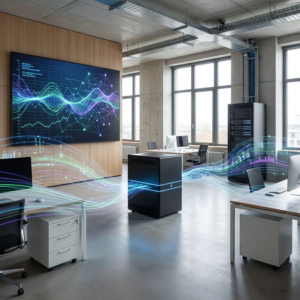 Det mest fængende og realistiske billede, der visualiserer artiklens kerne, kunne forestille en daglig, plausible scene i en moderne, digitalt integreret offentlig institution eller virksomhed, hvor Trinity-typen modeller anvendes. Billedet viser et åbent, moderne rum med et fokus på infrastruktur og teknologi, uden mennesker aktivt ved maskinerne, men med subtile elementer: en stor digital skærm, der visualiserer komplekse datastrømme i form af abstrakte, pulserende linjer og netværk, der symboliserer databehandling og AIs øjeblikkelige analyser. Rummet er rent, med minimalistisk design og naturligt lys, hvilket afspejler en seriøs, innovativ arbejdsplads. Mellem disse elementer fremstår en central, diskret computer- eller serverenhed, der repræsenterer Trinity-modellen, hvor lysende LED-linjer strømmer ud i form af abstrakte databilledinger, der flyder ud i omgivelserne. Dette billede fanger AI'ens rolle i et nutidigt miljø, hvor data automatiseres og skaber værdi uden at visualisere mennesker, men i sted