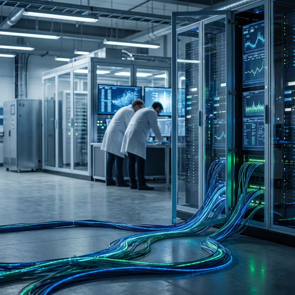 Det mest fængende og dokumentaristiske foto, der kan visualisere det abstrakte og komplekse emne i midten af artiklen, er et realistisk nærbillede af en stor, moderne data-laboratorie- eller forskningsfacilitet. Billedet kan vise et futuristisk, men alligevel jordnært miljø med indretning og udstyr, der signalerer avanceret teknologi uden at være science fiction-agtigt; eksempelvis en stor, transparent datacenter-agtig struktur med tydelige, digitalt lysende kabler, servere og analyseværktøjer, der indrammer et øjeblik, hvor én eller to forskere eller ingeniører koncentreret arbejder med data i baggrunden – dog uden at vise mennesker tydeligt til stede. Kernen er at fange den abstrakte kraft af datakvalitet, automatisering og intelligens i hverdagslige, realistiske omgivelser. Det kan også være en skitse af et rummeligt, industrielt miljø med snorlige kabler, digitale skærme med gevaldige visualiseringer af fejlfindingsalgoritmer, og konturene af store maskiner, hvor lyseffekter og farvetoner skaber en føle