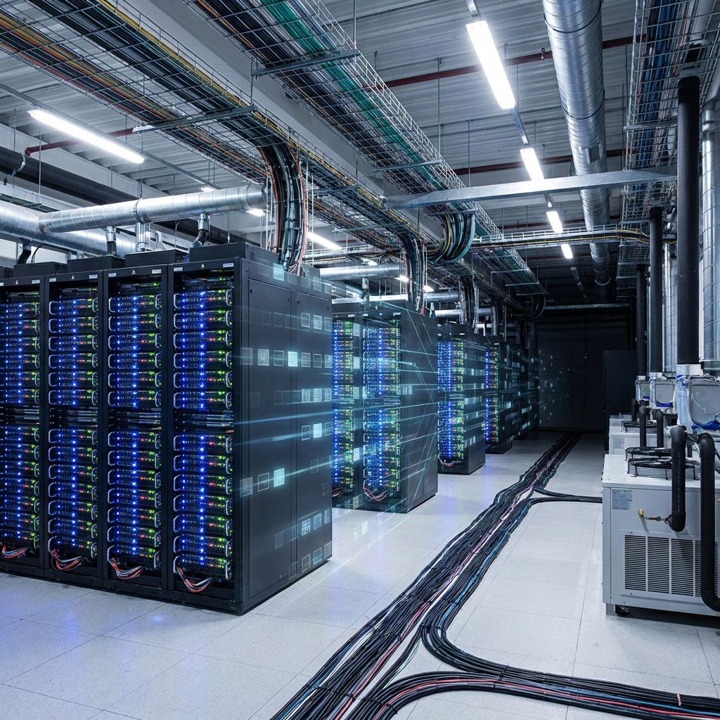 Det mest fængende og realistiske billede for denne artikel vil være en dokumentaristisk repræsentation af en moderne datacenter- eller infrastrukturnatur, hvor den abstrakte kraft og centralisering af AI-kapacitet visualiseres uden menneskelige figurer. Forestil dig en bred scene, hvor en række gigantiske, kraftfulde server racks med blinkende LED-lys symboliserer den massive datainfrastruktur, der driver AI-udviklingen. Disse racks er koncentreret i et lyst og industrielt miljø, med synlige kabler, ventiler og avanceret køleteknologi, hvilket understreger teknologien bag centrale investeringer som SoftBank og OpenAI. I stedet for menneskefokus skal billedet udtrykke AI’s brede, usynlige indflydelse på samfundet gennem visuelle metaforer: netværk af optiske fiberkabler, der strækker sig ud i mørket, eller en grafisk overlejning af digitale datablokke, der flyder gennem rummet, for at visualisere den enorme data-strøm. Dette billede formidler magt- og centraliseringsaspektet, hvor infrastrukturen bliver en næ