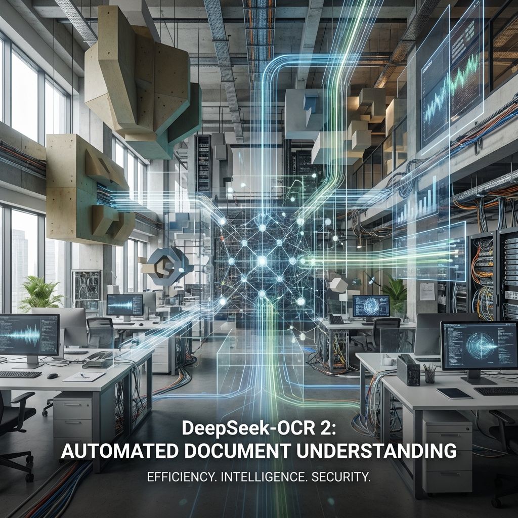 Det mest fængende og spændende foto, der er bygget op omkring abstrakte repræsentationer af emnet, kan visualisere en moderne, hektisk kontormiljø, hvor en stor, kompleks struktur af digitale lag og dataflydninger fylder rummet som en dokumentarisk fortolkning af, hvordan AI forstår og organiserer information. Forestil dig en neutral, industrielt inspireret baggrund – med store, usædvanlige geometriske former, der symboliserer layoutforståelse, og subtile, dynamiske strømmønstre af lys, der repræsenterer data, der bevæger sig gennem systemet. Disse visuelle elementer er smukt sammensat uden menneskelige figurer, men med teknologiske komponenter, kabler og grafikker, der integrerer sig i miljøet for at symbolisere en avanceret, automatiseret proces, der arbejder bag kulisserne. Dette billede afspejler en realitet, hvor avanceret dokumentforståelse er i centrum – med lysspil, kompleksitet i lagene og et sanseligt præg af teknologi, der er tilstede i det daglige arbejdsmiljø. Det illustrerer, hvordan DeepSeek-O