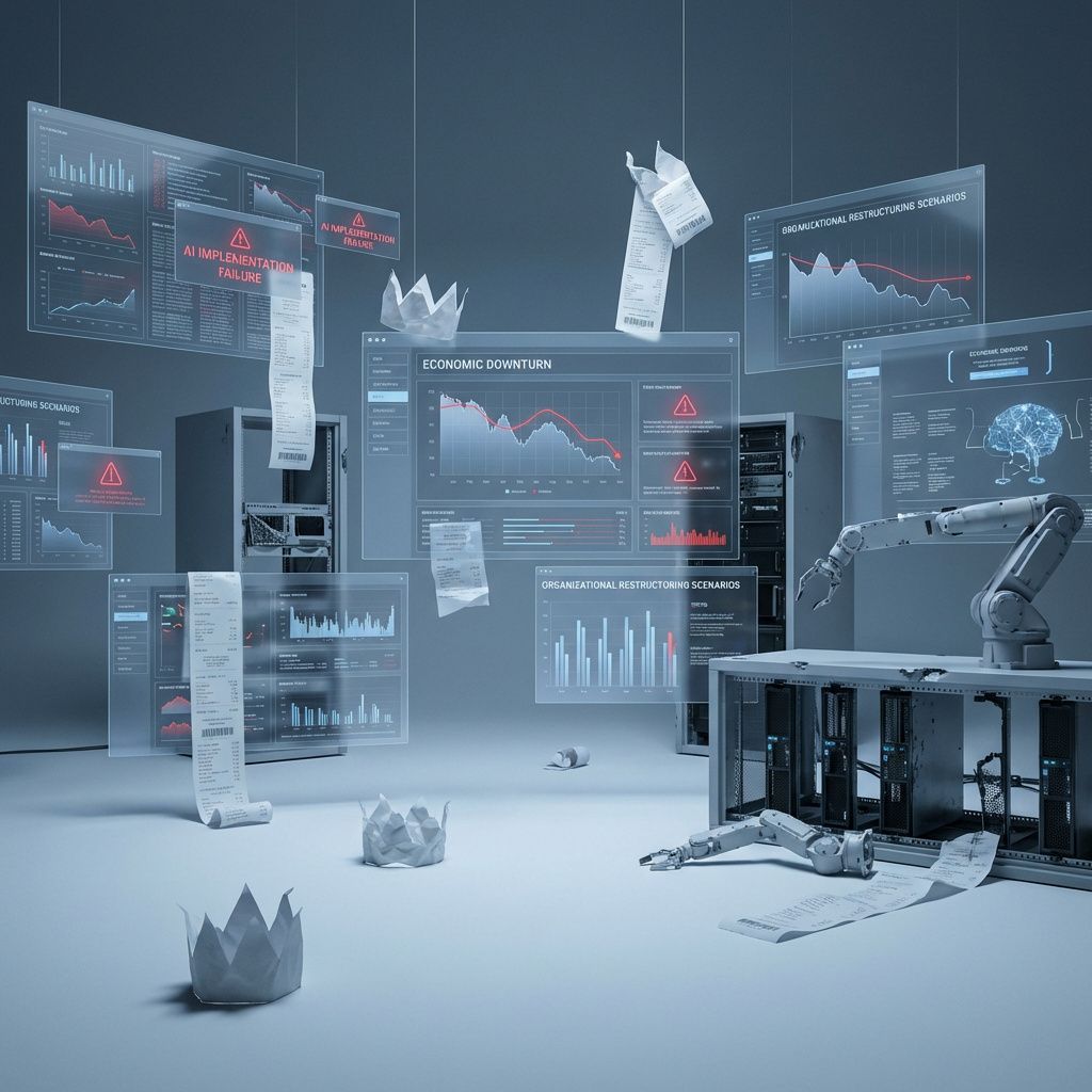 Mit foto vil illustrere den komplekse realitet bag AIs anvendelse i nutidige virksomhedsfyringer gennem en dokumentaristisk, realistisk scene uden at fokusere på mennesker, der arbejder ved computere. Forestil dig en datafokuseret, abstraheret miljø, hvor en række digitale, gennemskinnelige skærme eller projectionbilleder viser grafer, fejlmeldinger og scenarier om virksomhedens økonomi, AI-implementering og organisatoriske nedskæringer, alle uden personer i fokus. Disse visuelle elementer er arrangeret i en eftertænksom, næsten klinisk komposition, hvor teknologier og dataformer former et visuelt narrative om, hvordan virksomheder bruger AI som forklædning for økonomisk realitet, snarere end en faktisk teknologisk revolution. Billedet balancerer på grænsen af det abstrakte, men holder sig i realismen med subtile elementer som papirkroner, digitale kvitteringer, og beskadigede eller delvist dekonstruerede maskiner, der symboliserer bristede løfter og falske narrativer. Lyset er blødt med en svag tone af blå