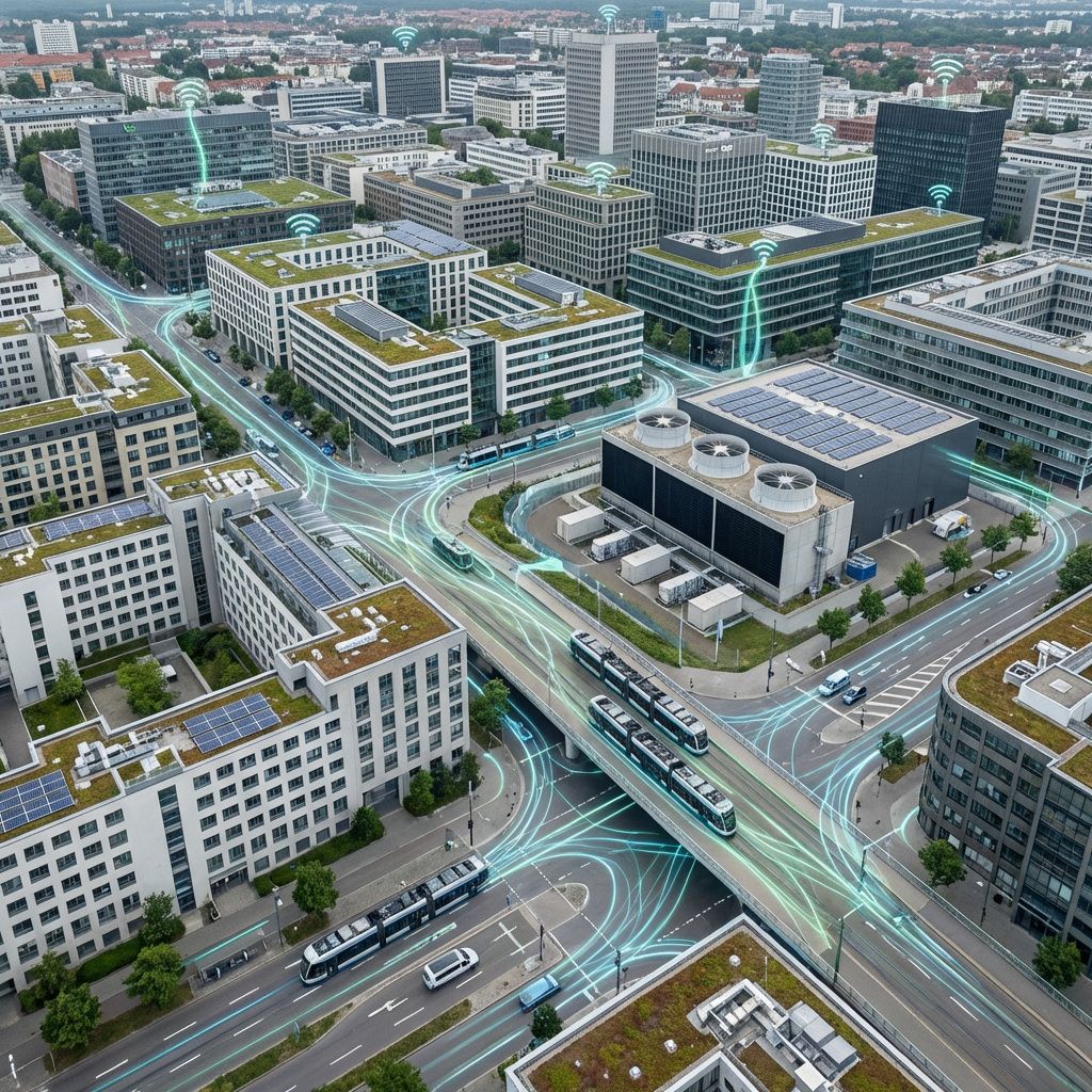 For at visualisere den komplekse, abstrakte virkelighed omkring AI’s indflydelse i nutidige og fremtidige miljøer, forestil dig et helstøbt, realistisk bymiljø fremstillet som en teknologisk økosystem i konstant udvikling. Billedet viser en moderne by med innovative infrastrukturer som bæredygtige energisystemer, sensor-udstyrede bygninger og dynamiske transportnetværk, der alle er forbundet gennem subtile, lysskabende netværk, der symboliserer data- og informationstrømmene. Disse stråler af lys, formet som fine, organiske mønstre, flyder gennem byens elementer, hvilket illustrerer AI’s integrerede rolle i at styre, optimere og forbedre byens funktioner uden menneskelige ansigter, kun gennem miljøet og dets teknologiske aspekter. Atmosfæren er naturligvis neutralt og dokumentaristisk, idet det fokuserer på den eksisterende infrastruktur i et specifikt øjeblik, hvilket fremstår som en daglig, realistisk scene logrende i en moderne urban kontekst. Dette billede formidler med sin fokus på data- og e