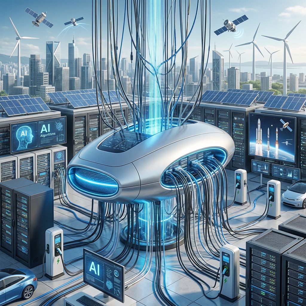 Det mest fængende og realistiske billede, der kan illustrere emnet, er en detaljerepræsentation af en moderne, hektisk energimetropol, hvor avancerede datainfrastrukturer og energiløsninger er integreret i et komplekst, men elegant miljø. Forestil dig en sølvfarvet, minimalistisk energiblå, der fungerer som centrum for et dynamisk datacenter, omgivet af hængende kabler og fibre, der symboliserer datalogistik og samspillet mellem AI, elbiler og rumforskning. Baggrunden viser en oversigt over en by med solpaneler, vindmøller og satellitter i bane, hvilket bidsætter tematikken om bæredygtighed, innovation og integration i en nutidig kontekst. Atmosfæren er præget af lysrefleksioner og subtile bevægelser i kabler og paneler, som viser en verden, hvor teknologien er inkorporeret i det urbane miljø uden at fremstå som sci-fi, men som en naturlig del af en høj modnet, bæredygtig fremtid.